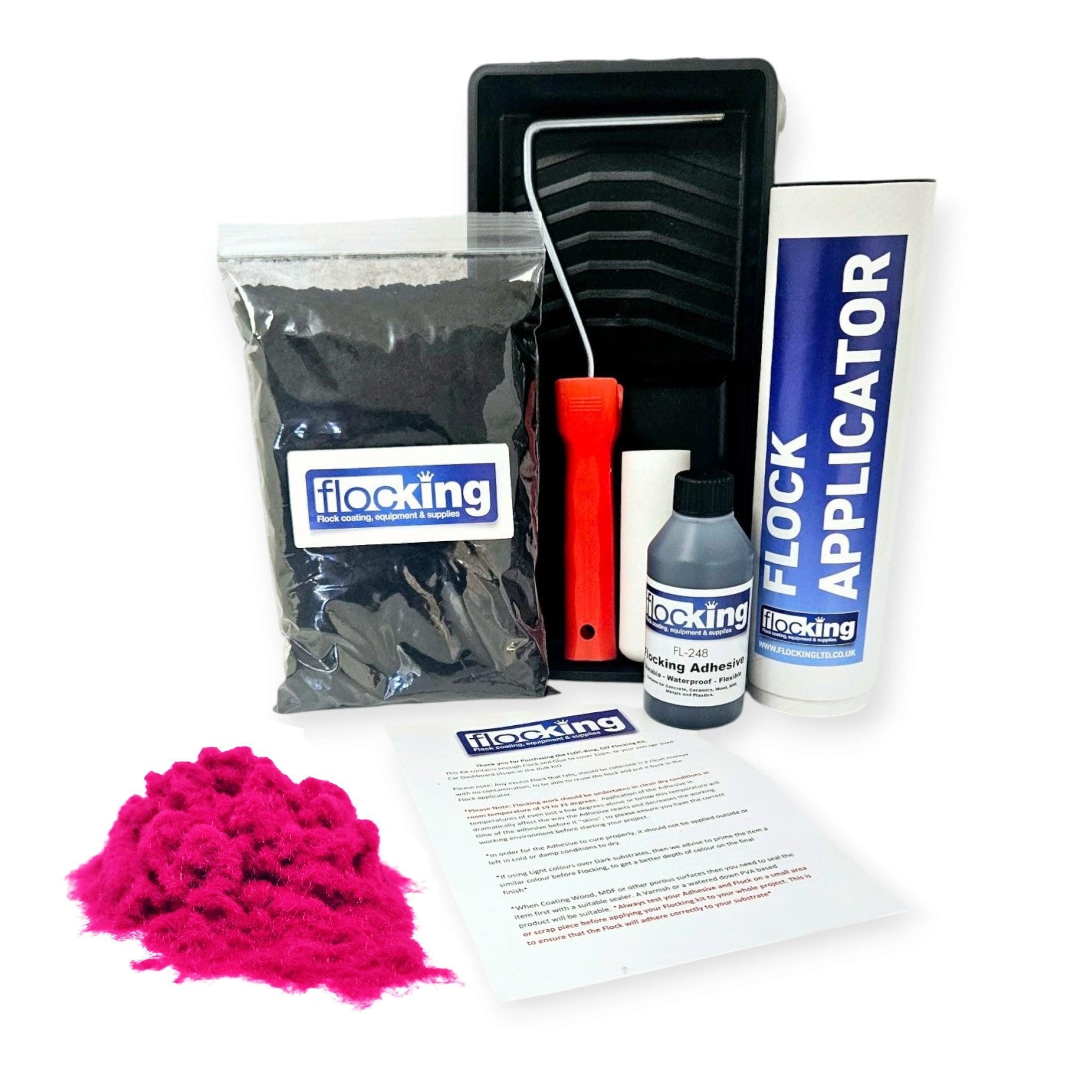 Flocking Kit with 1mm flock Fibres in Hot Pink, a manual pump Flock fibre applicator, Flocking Adhesive Glue pre pigmented to Hot Pink to match flock powder, a 9 inch roller tray with foam roller and a full step by step instruction guide.