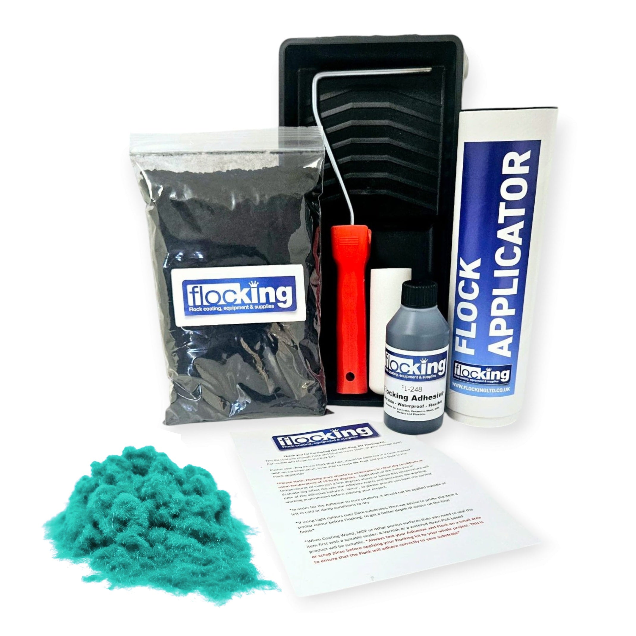 Flocking Kit with 1mm flock Fibres in Light Turquoise Blue, a manual pump Flock fibre applicator, Flocking Adhesive Glue pre pigmented to Light Turquoise Blue to match flock powder, a 9 inch roller tray with foam roller and a full step by step instruction guide.