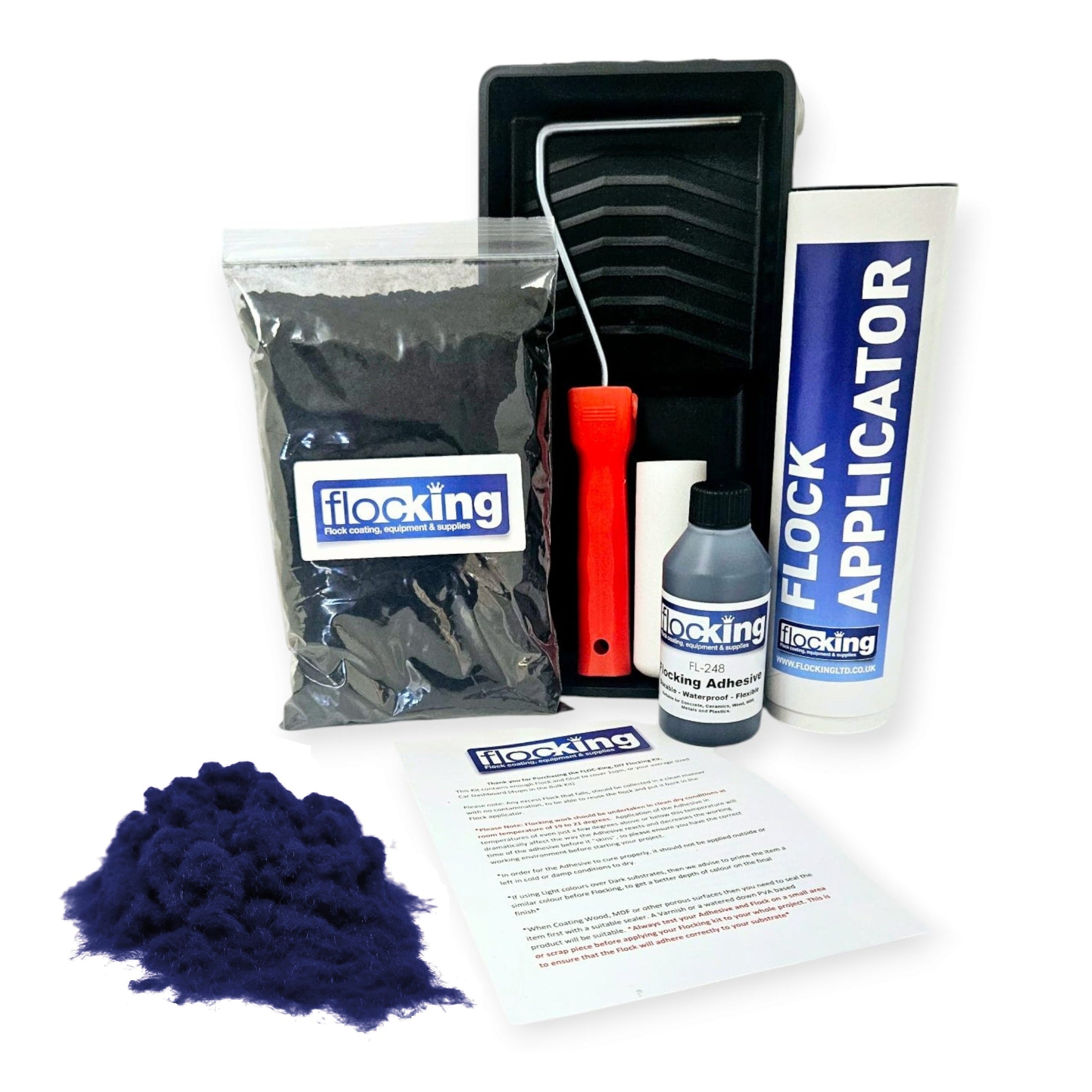 Flocking Kit with 1mm flock Fibres in Navy Blue, a manual pump Flock fibre applicator, Flocking Adhesive Glue pre pigmented to Navy Blue to match flock powder, a 9 inch roller tray with foam roller and a full step by step instruction guide.