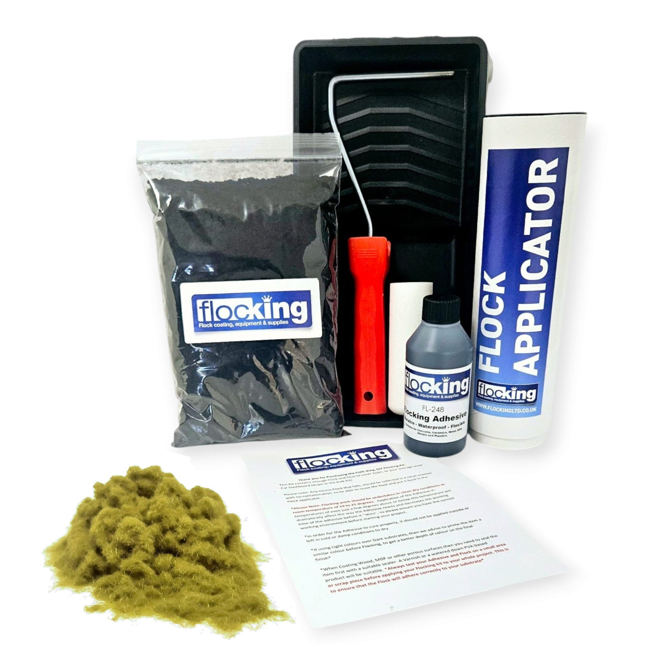 Flocking Kit with 1mm flock Fibres in Olive Green, a manual pump Flock fibre applicator, Flocking Adhesive Glue pre pigmented to Olive Green to match flock powder, a 9 inch roller tray with foam roller and a full step by step instruction guide.