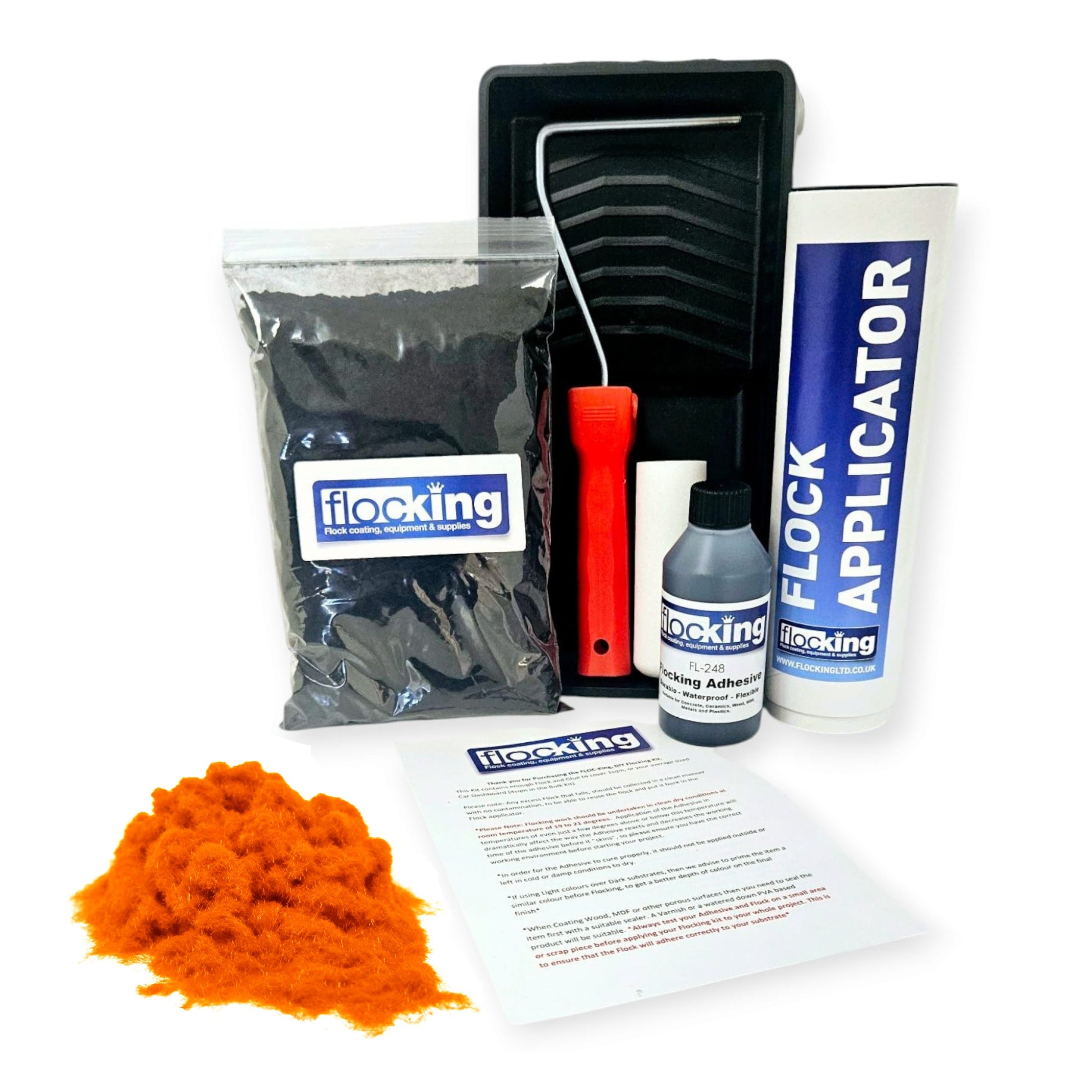 Flocking Kit with 1mm flock Fibres in Orange, a manual pump Flock fibre applicator, Flocking Adhesive Glue pre pigmented to Orange to match flock powder, a 9 inch roller tray with foam roller and a full step by step instruction guide.