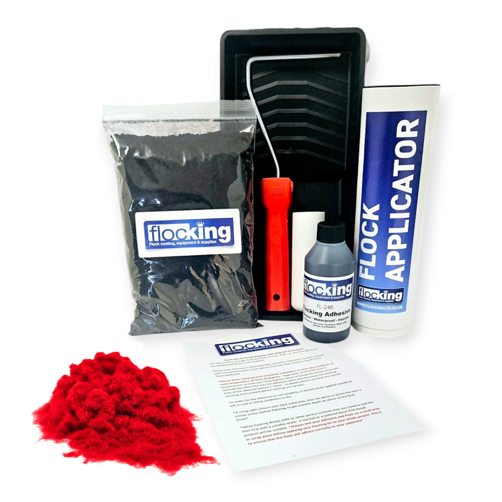 Flocking Kit with 1mm flock Fibres in Pillar Box Red, a manual pump Flock fibre applicator, Flocking Adhesive Glue pre pigmented to Pillar Box Red to match flock powder, a 9 inch roller tray with foam roller and a full step by step instruction guide.