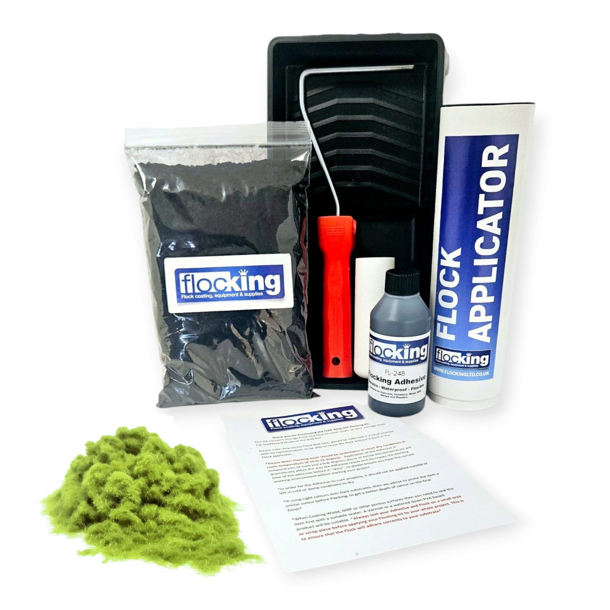 Flocking Kit with 1mm flock Fibres in Pistachio Green, a manual pump Flock fibre applicator, Flocking Adhesive Glue pre pigmented to Pistachio Green to match flock powder, a 9 inch roller tray with foam roller and a full step by step instruction guide.