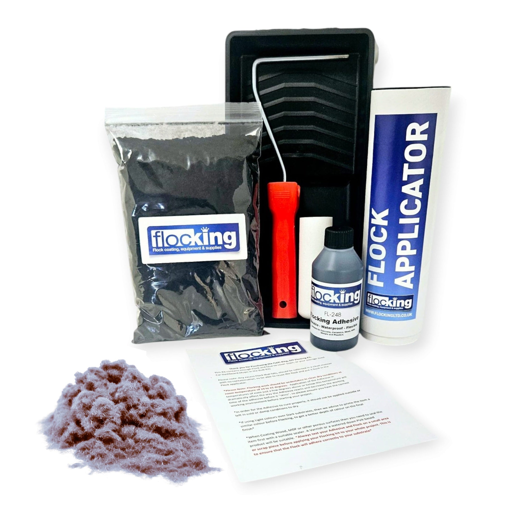 Flocking Kit with 1mm flock Fibres in Platinum Medium Grey, a manual pump Flock fibre applicator, Flocking Adhesive Glue pre pigmented to Platinum Medium Grey to match flock powder, a 9 inch roller tray with foam roller and a full step by step instruction guide.