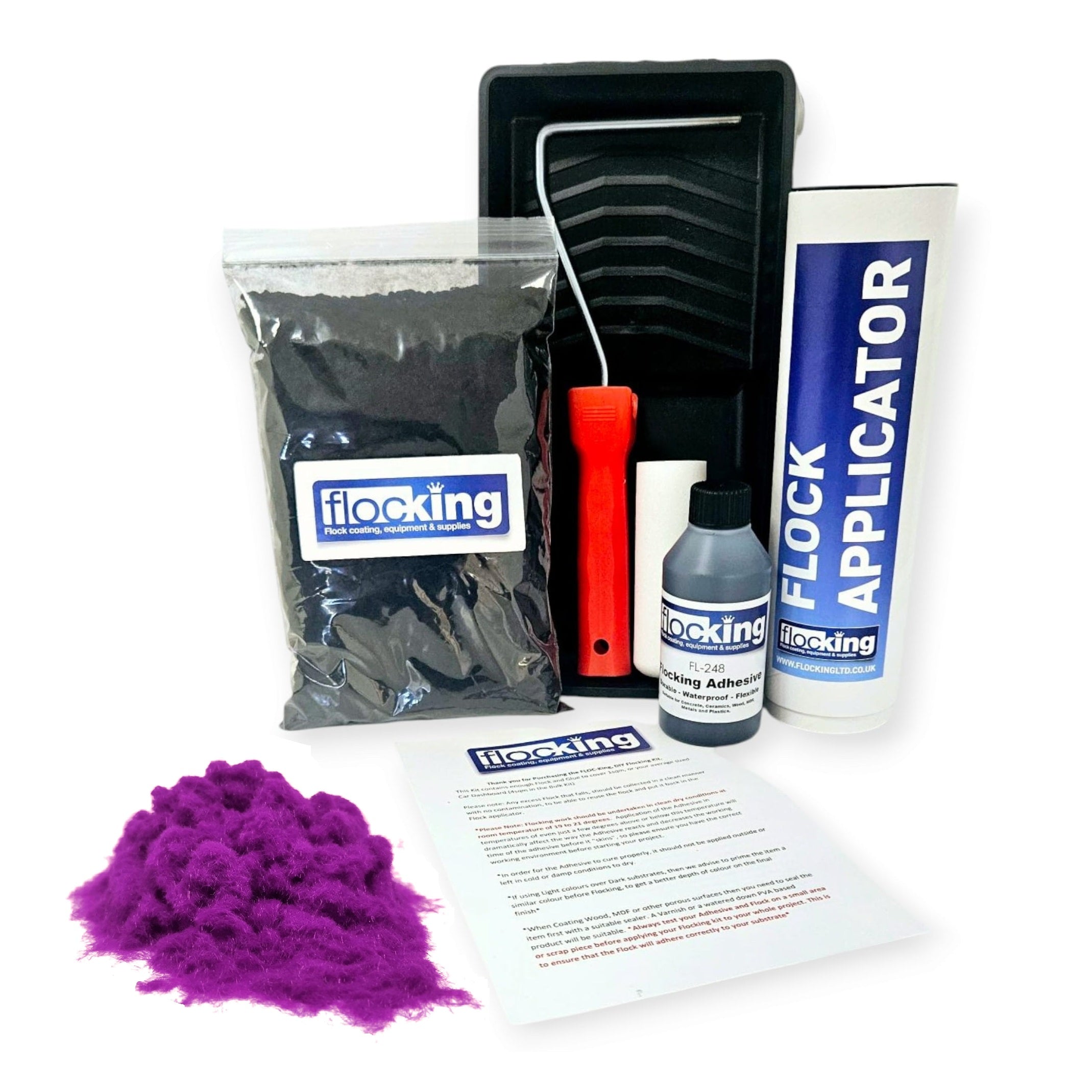 Flocking Kit with 1mm flock Fibres in Purple, a manual pump Flock fibre applicator, Flocking Adhesive Glue pre pigmented to Purple to match flock powder, a 9 inch roller tray with foam roller and a full step by step instruction guide.