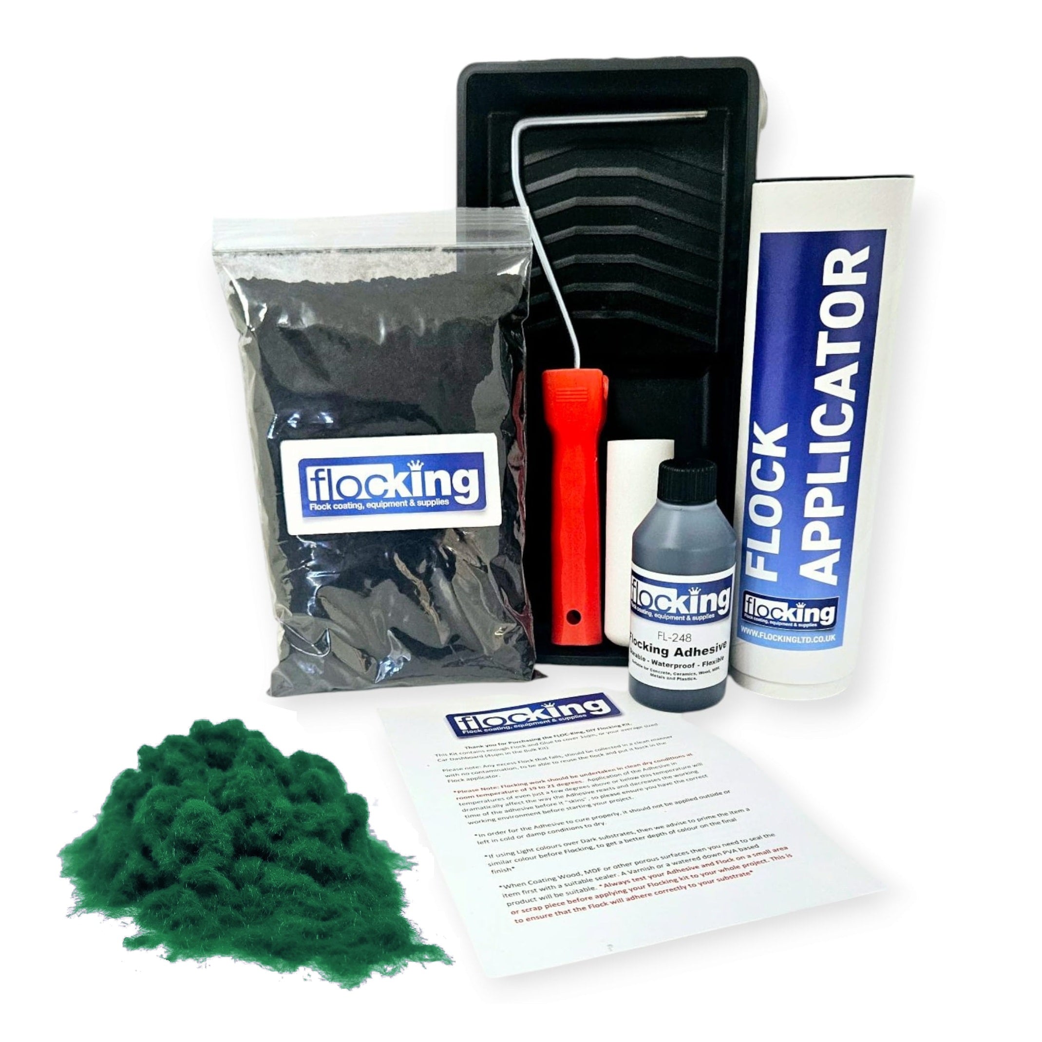Flocking Kit with 1mm flock Fibres in Racing Green, a manual pump Flock fibre applicator, Flocking Adhesive Glue pre pigmented to Racing Green to match flock powder, a 9 inch roller tray with foam roller and a full step by step instruction guide.
