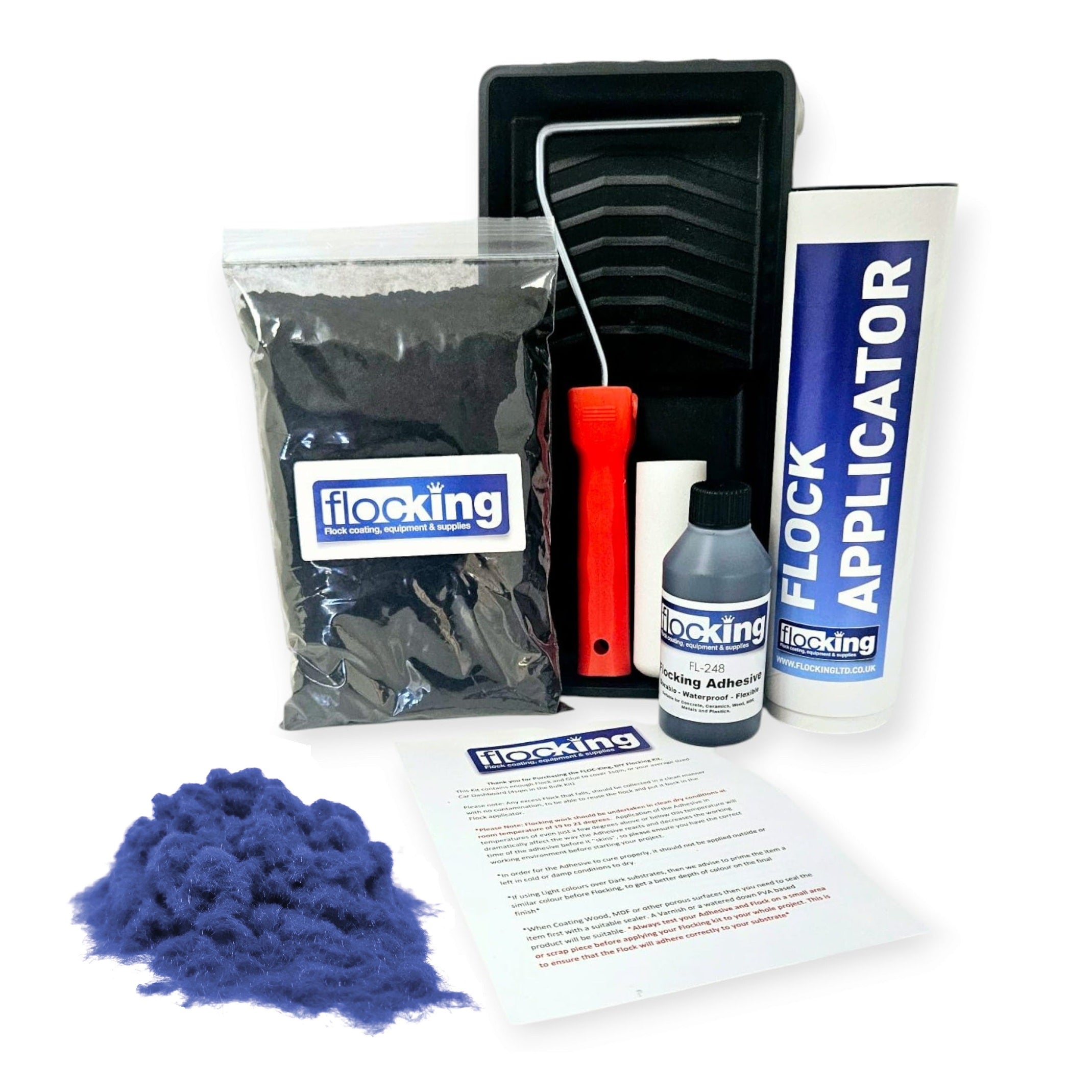 Flocking Kit with 1mm flock Fibres in Royal Blue, a manual pump Flock fibre applicator, Flocking Adhesive Glue pre pigmented to Royal Blue to match flock powder, a 9 inch roller tray with foam roller and a full step by step instruction guide.