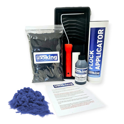 Flocking Kit with 1mm flock Fibres in Royal Blue, a manual pump Flock fibre applicator, Flocking Adhesive Glue pre pigmented to Royal Blue to match flock powder, a 9 inch roller tray with foam roller and a full step by step instruction guide.