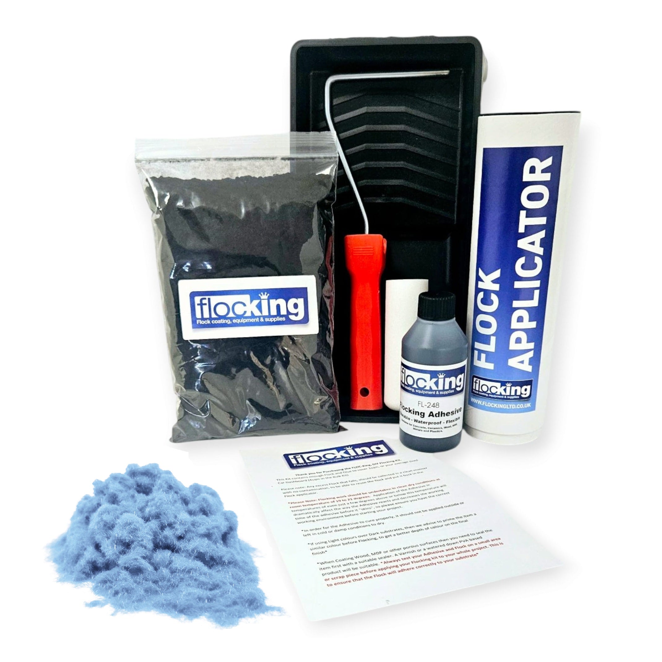 Flocking Kit with 1mm flock Fibres in Sky Blue, a manual pump Flock fibre applicator, Flocking Adhesive Glue pre pigmented to Sky Blue to match flock powder, a 9 inch roller tray with foam roller and a full step by step instruction guide.