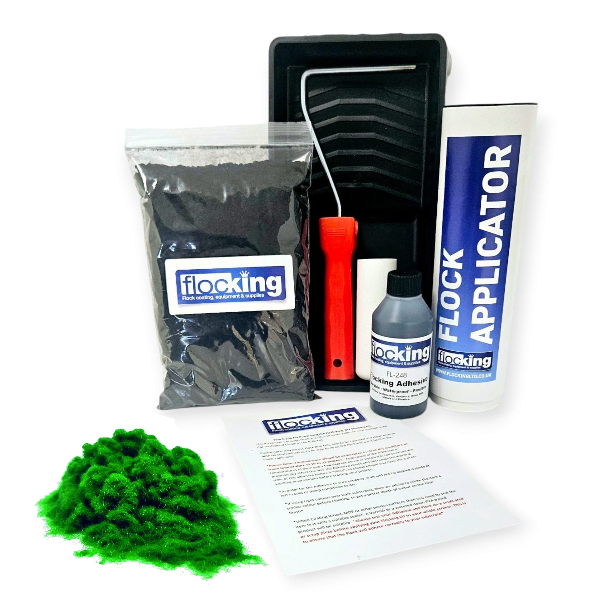 Flocking Kit with 1mm flock Fibres in Snooker Green, a manual pump Flock fibre applicator, Flocking Adhesive Glue pre pigmented to Snooker Green to match flock powder, a 9 inch roller tray with foam roller and a full step by step instruction guide.