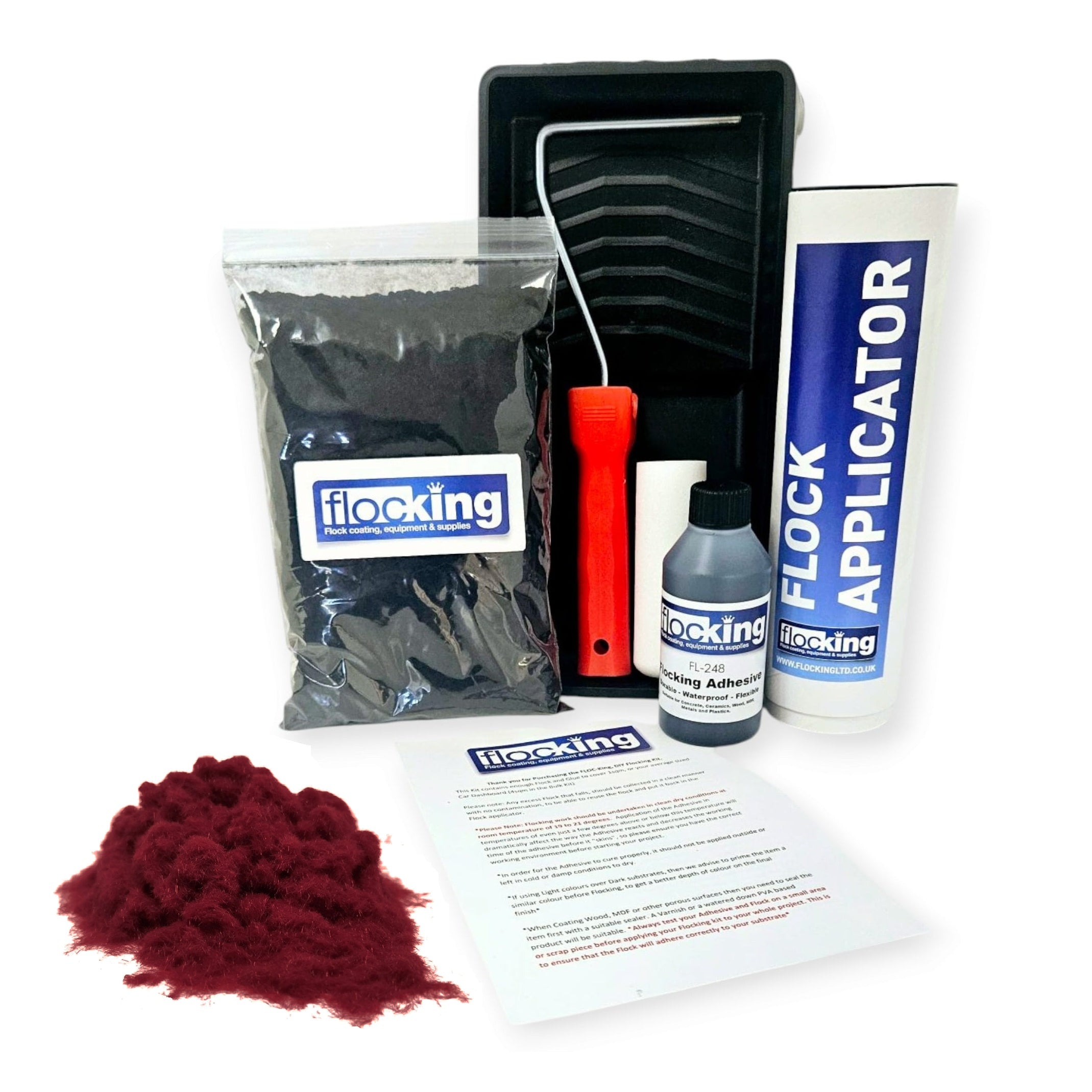 Flocking Kit with 1mm flock Fibres in Wine Red, a manual pump Flock fibre applicator, Flocking Adhesive Glue pre pigmented to Wine Red to match flock powder, a 9 inch roller tray with foam roller and a full step by step instruction guide.