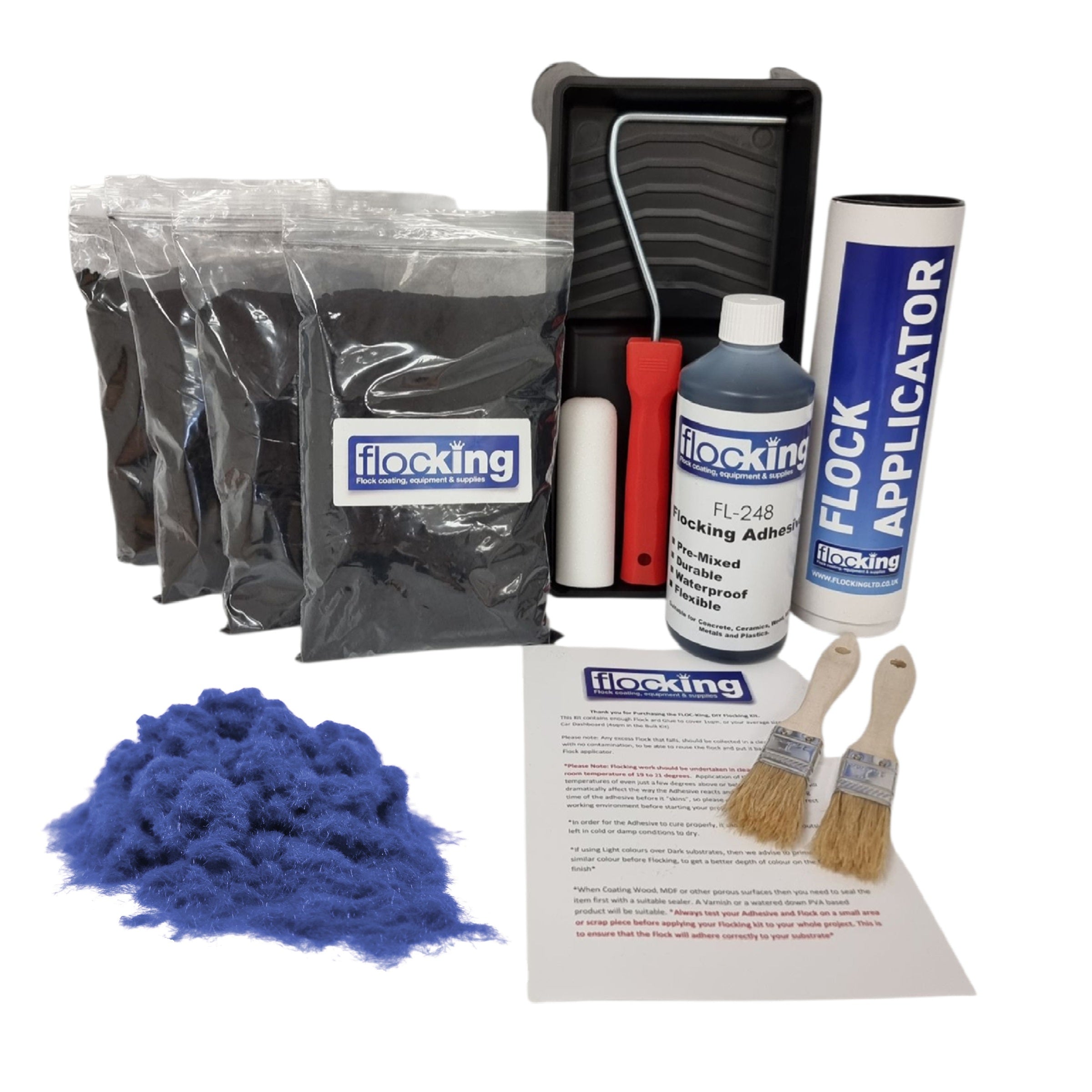 Bulk Flocking kit with bags of Royal blue Nylon flocking fibres, applicator, adhesive, brush, Roller Tray set and full instructions.