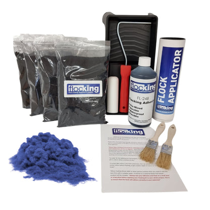 Bulk Flocking kit with bags of Royal blue Nylon flocking fibres, applicator, adhesive, brush, Roller Tray set and full instructions.