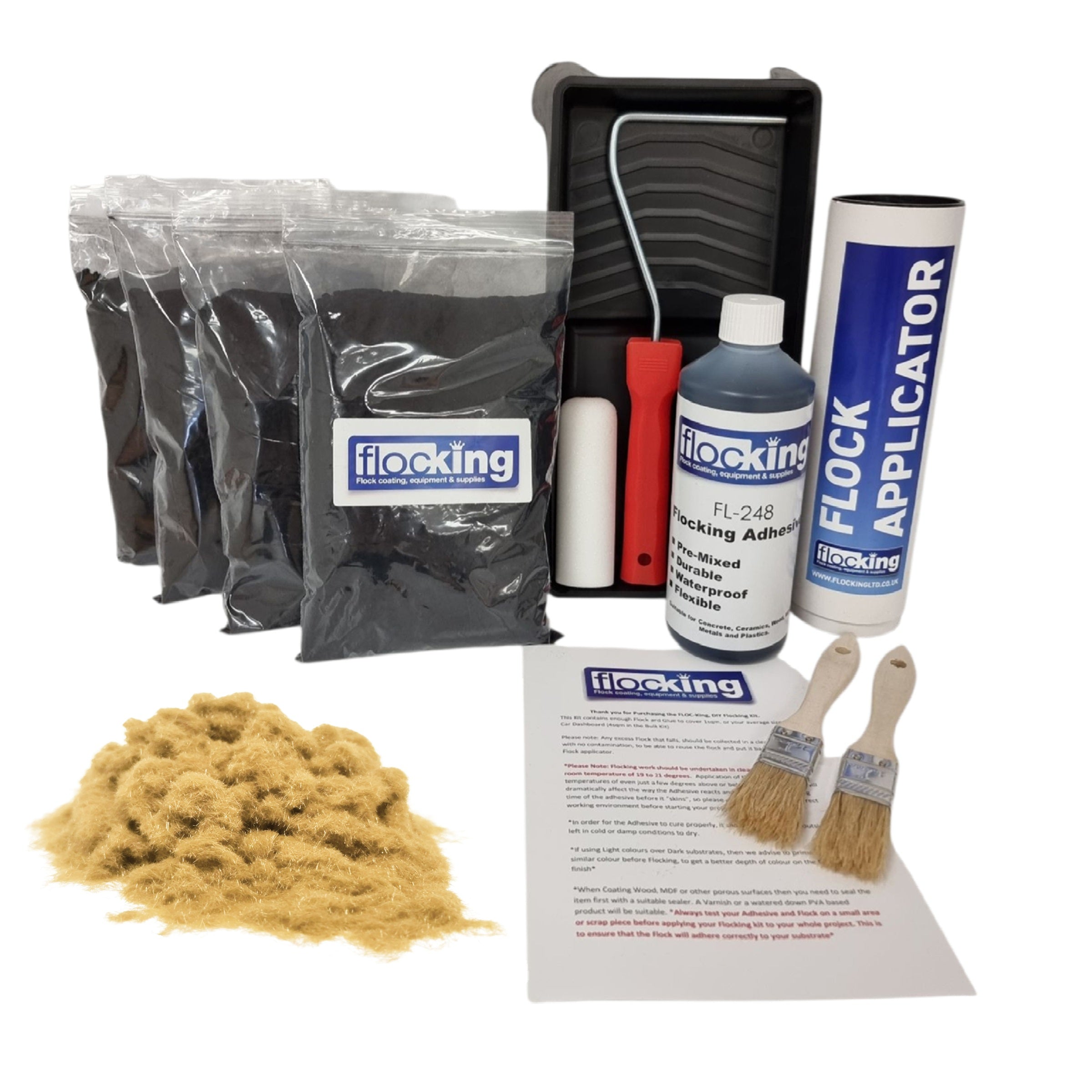 Bulk Flocking kit with bags of Sand Beige Nylon flocking fibres, applicator, adhesive, brush, Roller Tray set and full instructions.