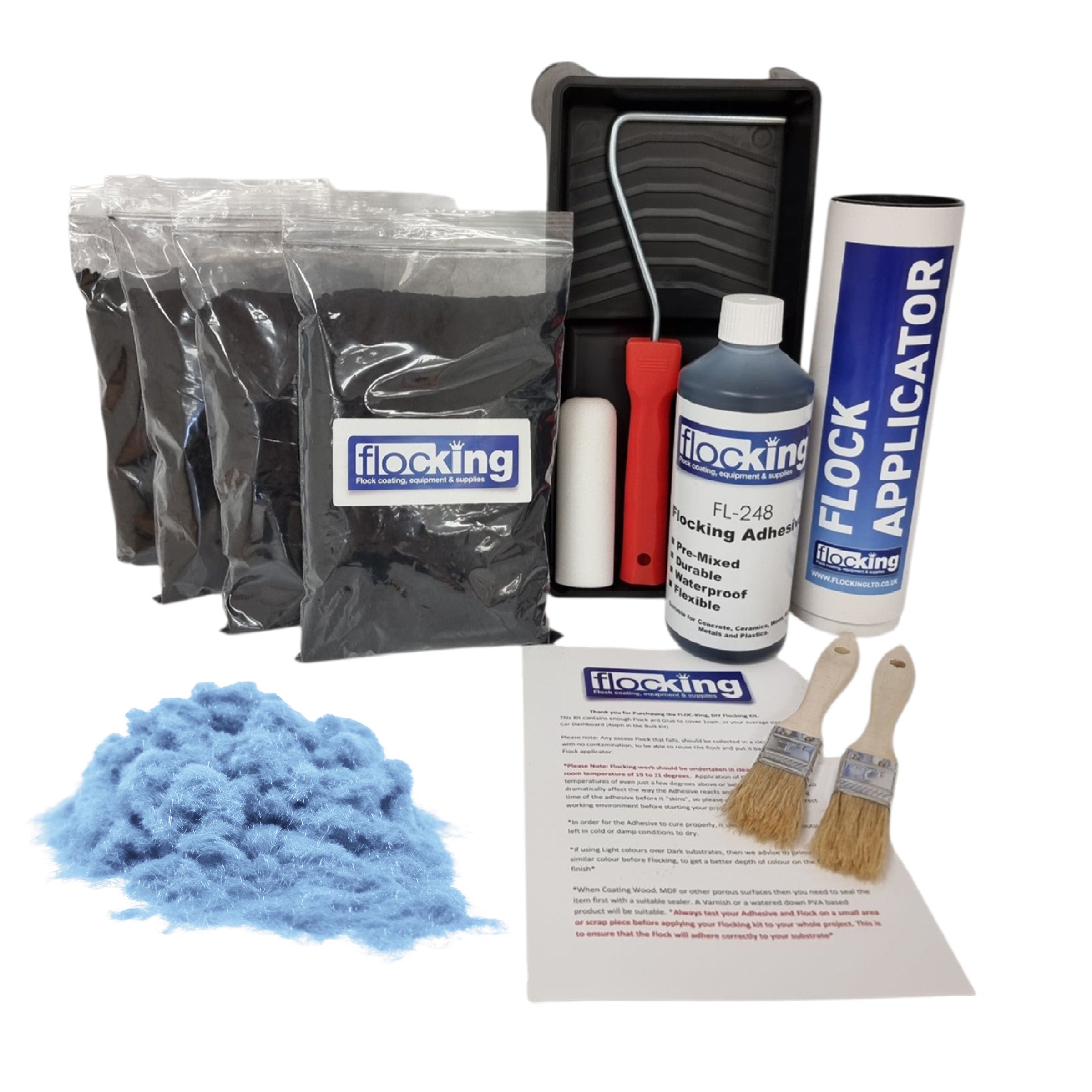 Bulk Flocking kit with bags of Sky Blue Nylon flocking fibres, applicator, adhesive, brush, Roller Tray set and full instructions.