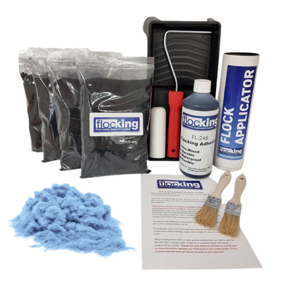 Bulk Flocking kit with bags of Sky Blue Nylon flocking fibres, applicator, adhesive, brush, Roller Tray set and full instructions.