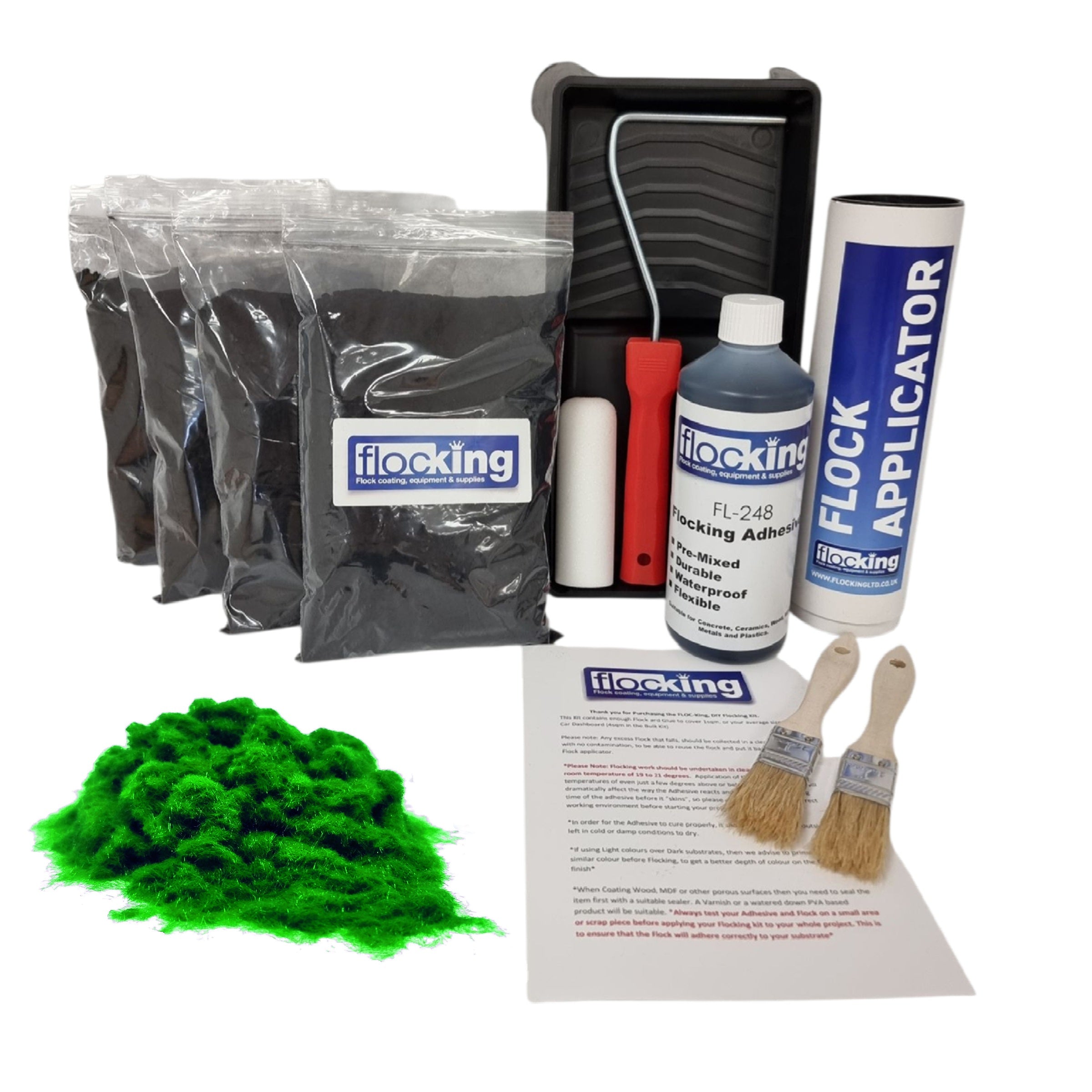 Bulk Flocking kit with bags of Snooker Green Nylon flocking fibres, applicator, adhesive, brush, Roller Tray set and full instructions.