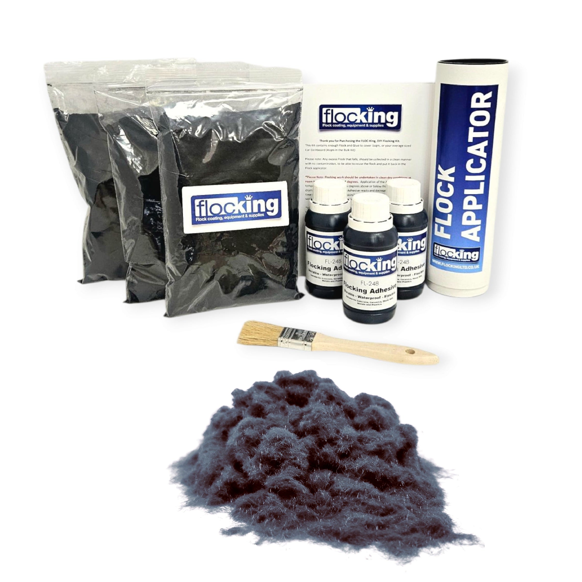 Triple Flocking kit with bags of Anthracite Grey Nylon flocking fibres, applicator, adhesive, brush, and full instructions.