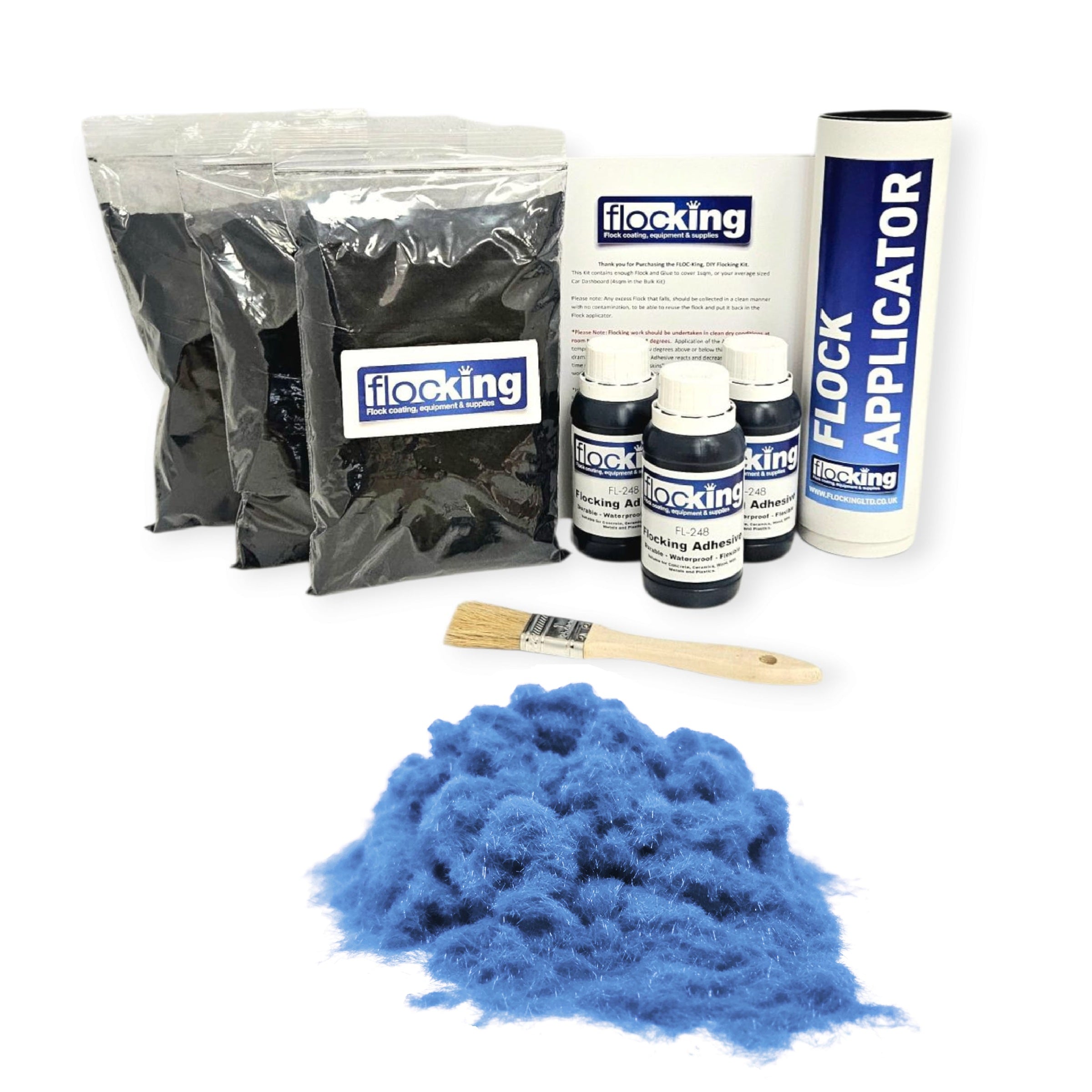 Triple Flocking kit with bags of Aqua blue Nylon flocking fibres, applicator, adhesive, brush, and full instructions.