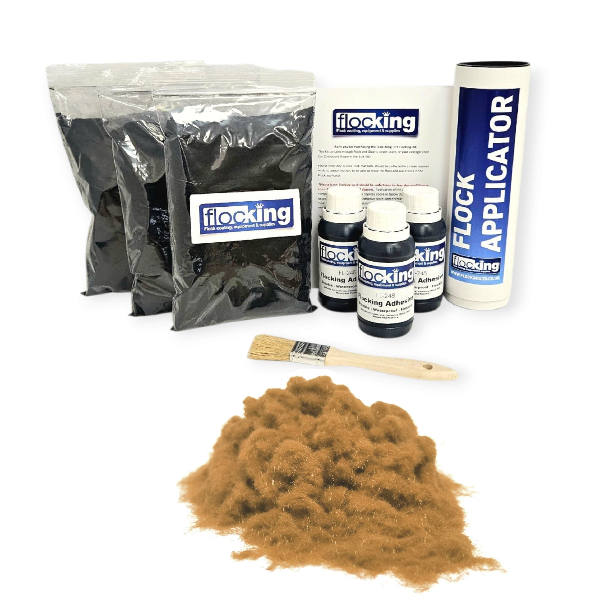 Triple Flocking kit with bags of Arena Brown Nylon flocking fibres, applicator, adhesive, brush, and full instructions.