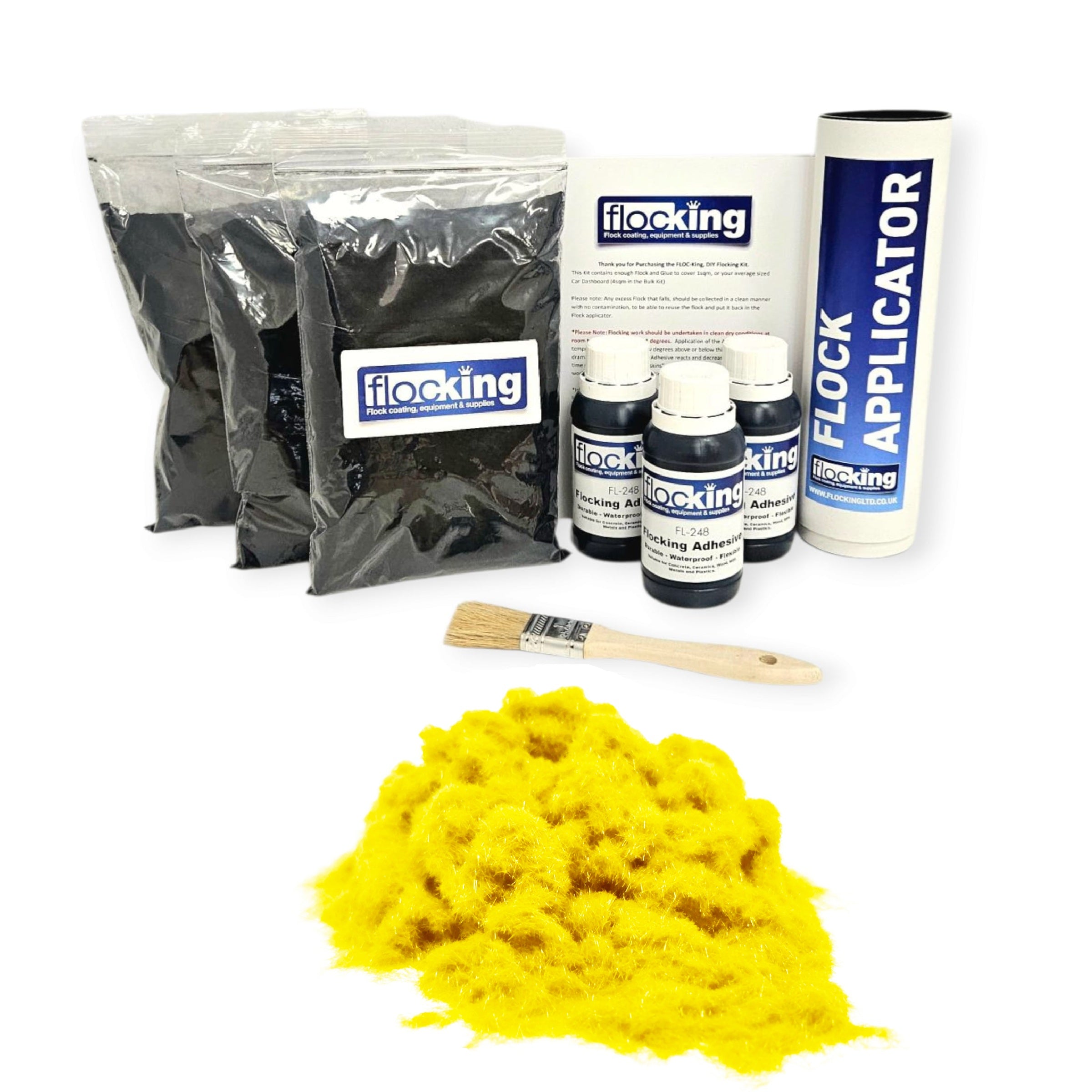 Triple Flocking kit with bags of Canary Yellow Nylon flocking fibres, applicator, adhesive, brush, and full instructions.