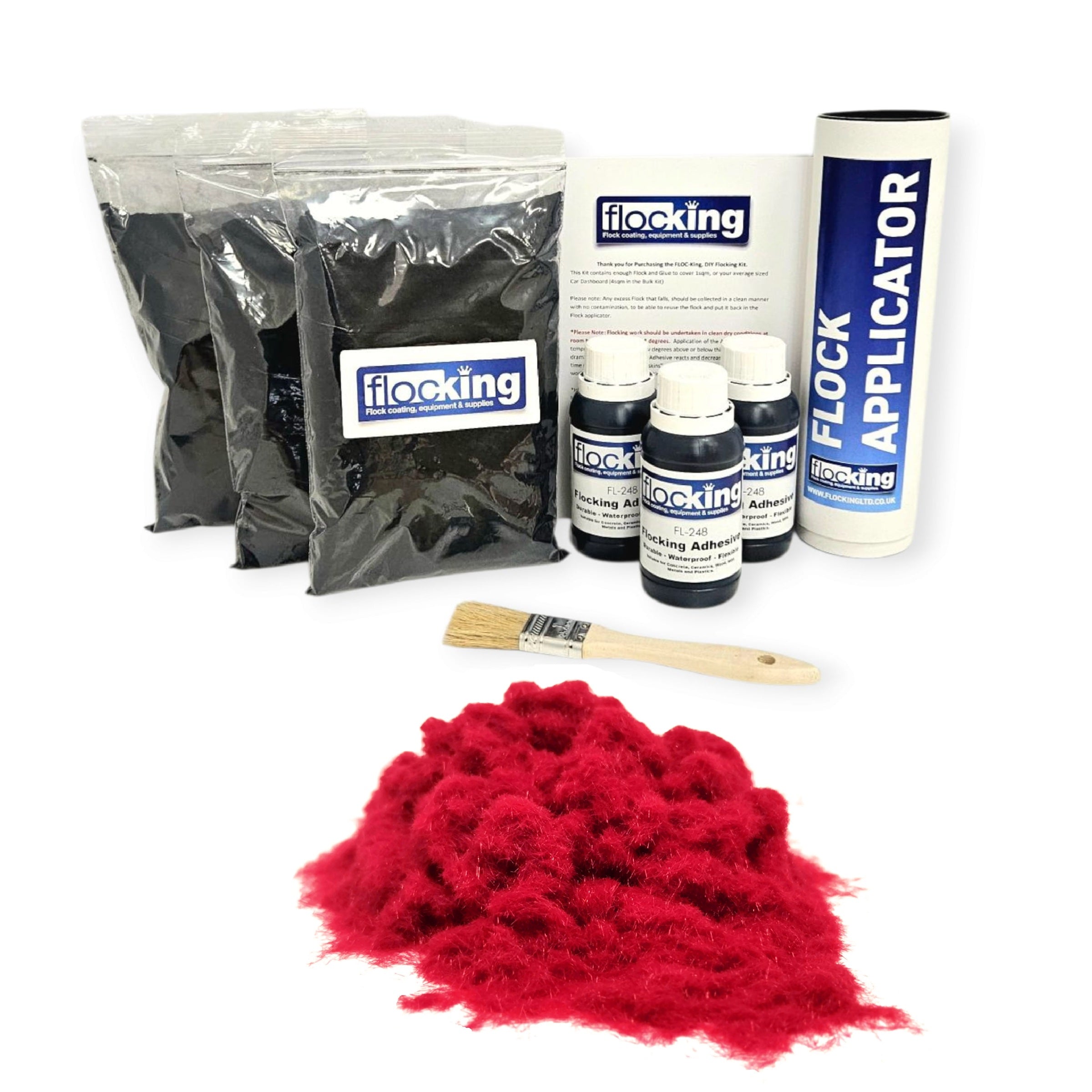 Triple Flocking kit with bags of Chilli Red Nylon flocking fibres, applicator, adhesive, brush, and full instructions.