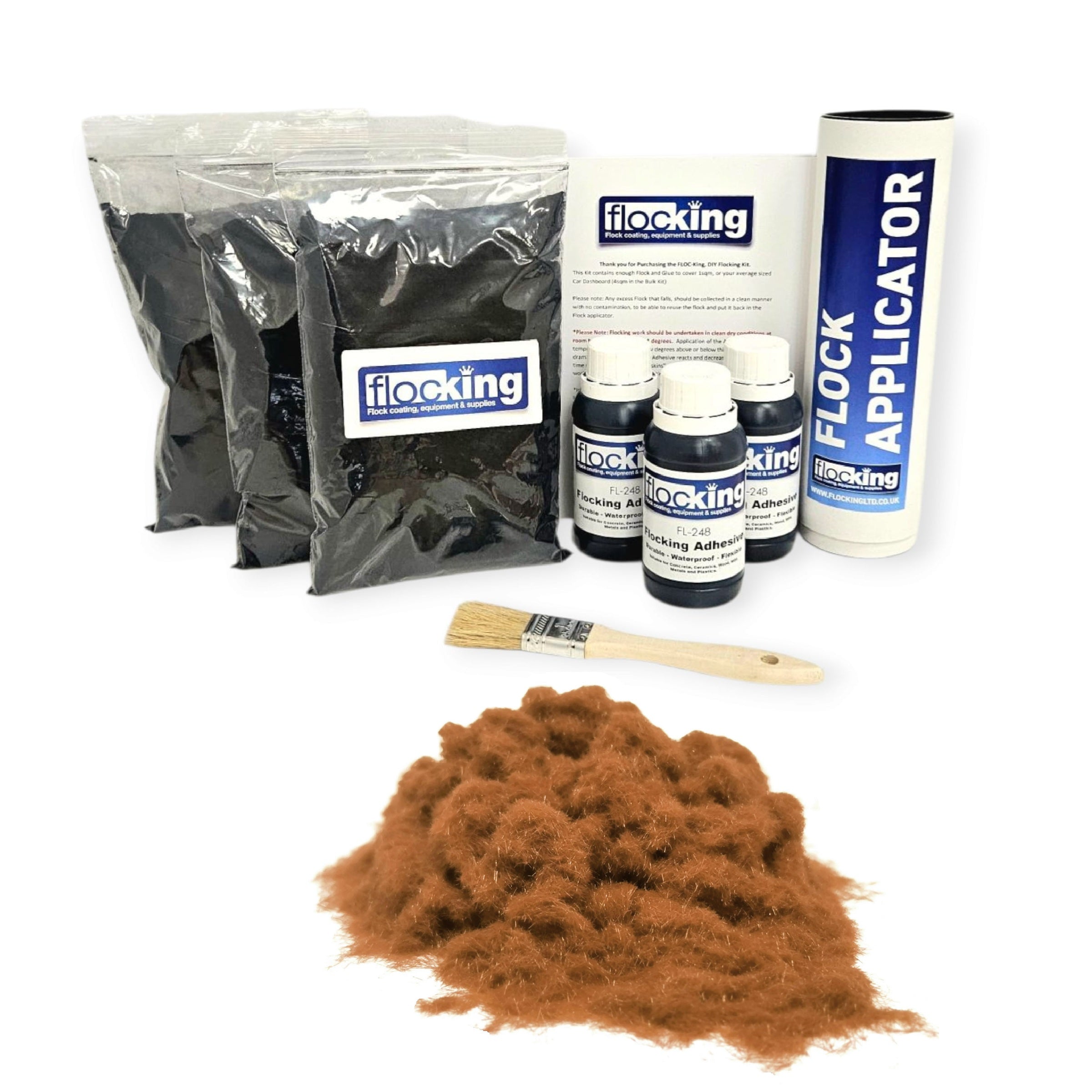 Triple Flocking kit with bags of Cinnamon Brown Nylon flocking fibres, applicator, adhesive, brush, and full instructions.
