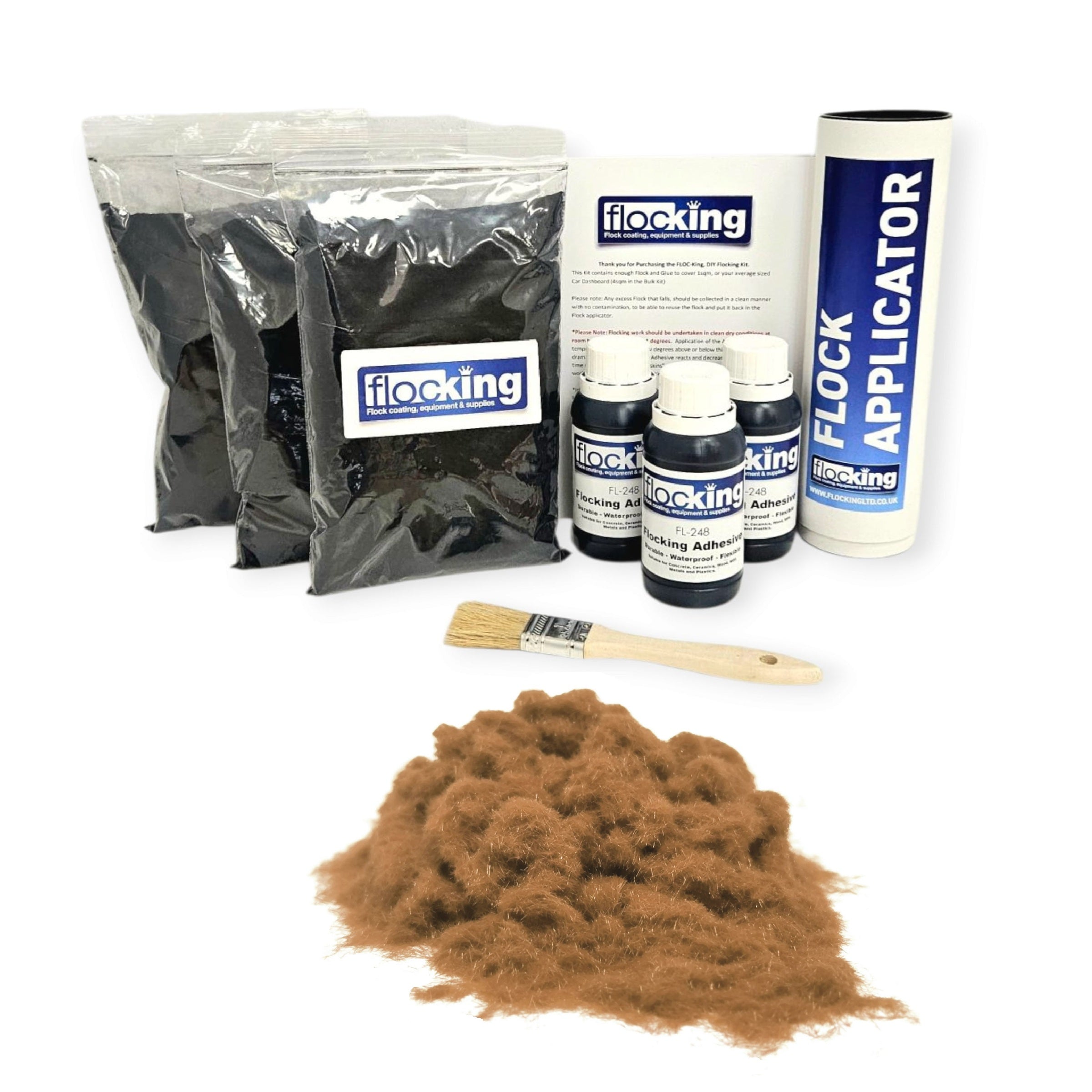 Triple Flocking kit with bags of Cocoa Brown Nylon flocking fibres, applicator, adhesive, brush, and full instructions.
