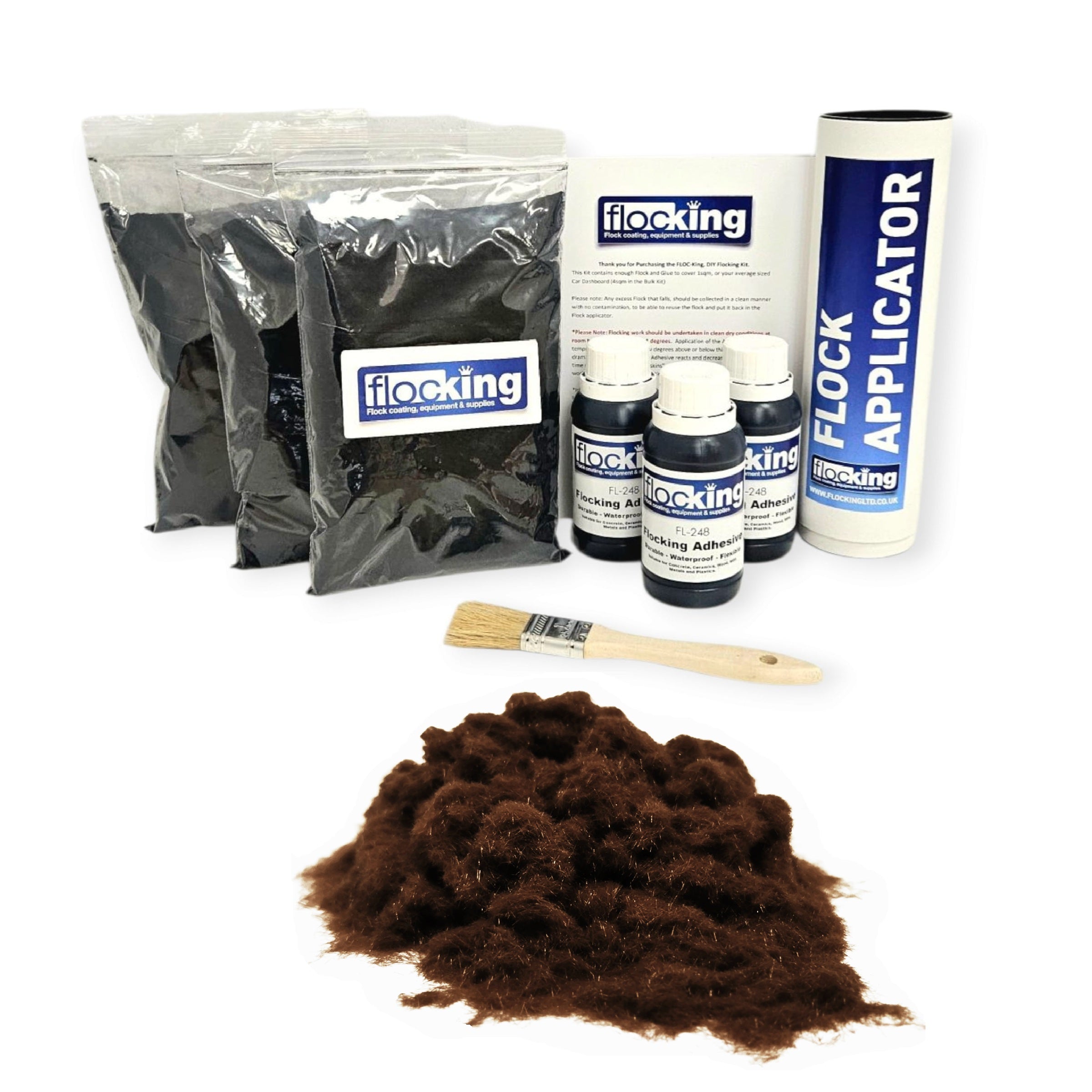 Triple Flocking kit with bags of Dark Brown Nylon flocking fibres, applicator, adhesive, brush, and full instructions.