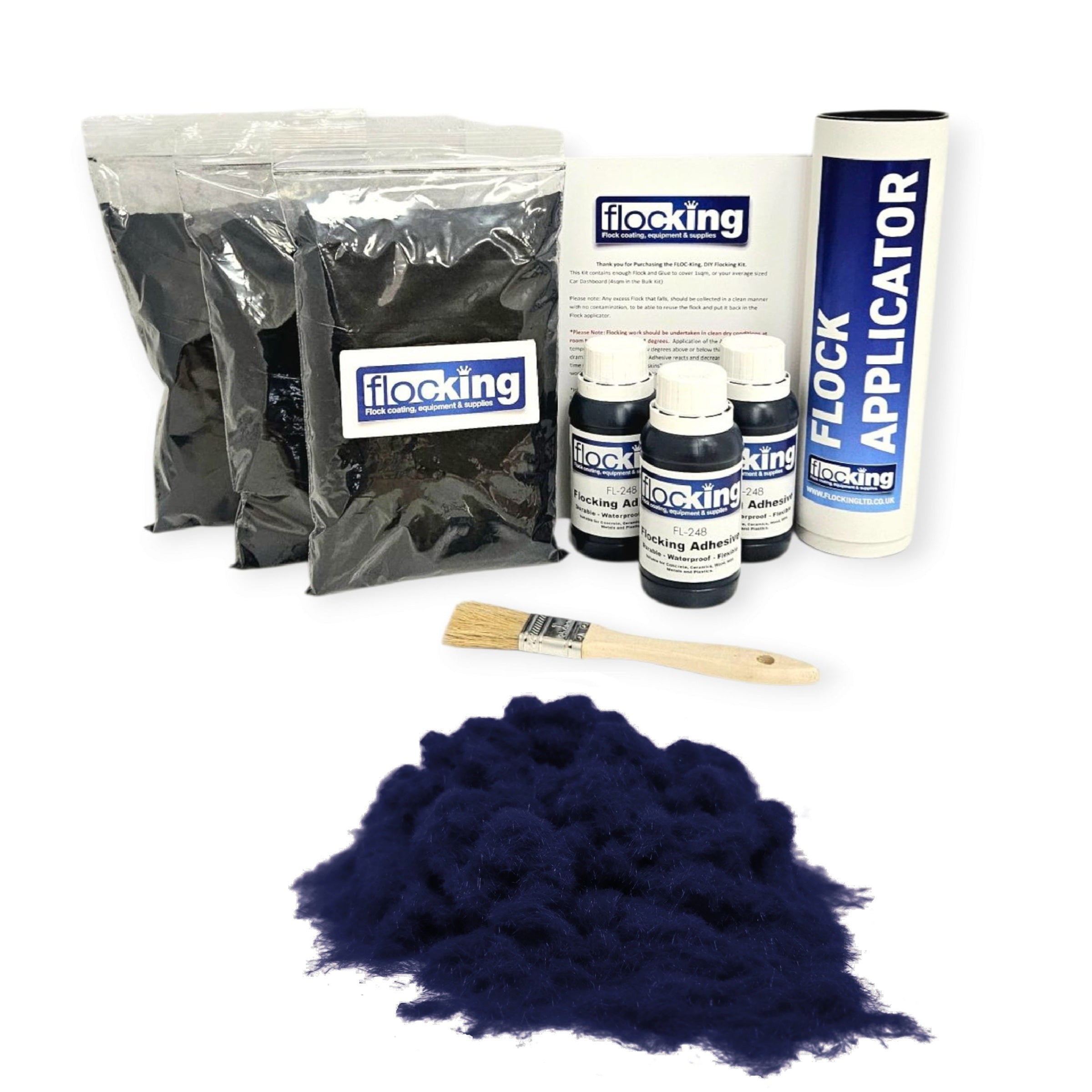 Triple Flocking kit with bags of Dark Navy blue Nylon flocking fibres, applicator, adhesive, brush, and full instructions.