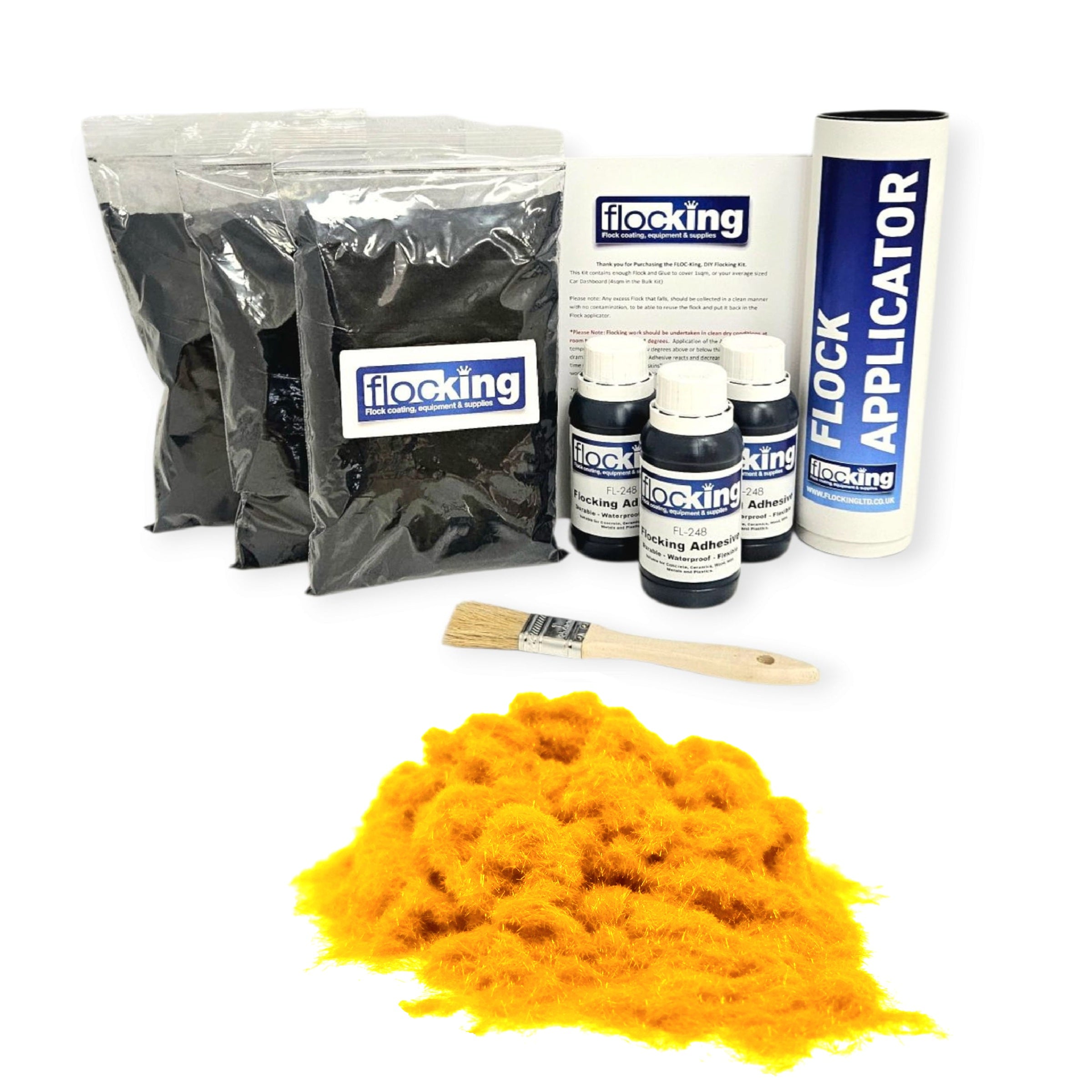 Triple Flocking kit with bags of Deep Yellow Nylon flocking fibres, applicator, adhesive, brush, and full instructions.