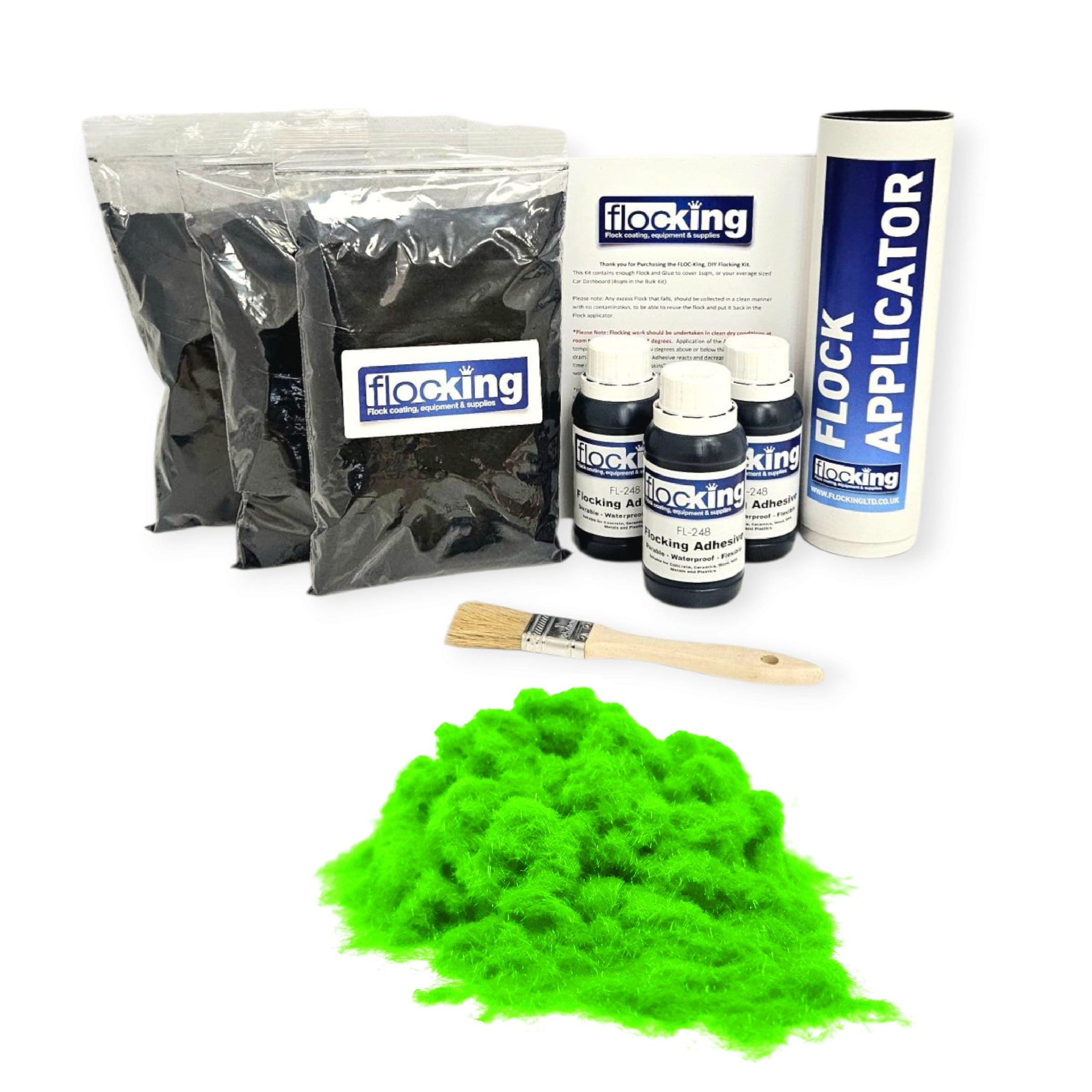 Triple Flocking kit with bags of Florescent Green Nylon flocking fibres, applicator, adhesive, brush, and full instructions.