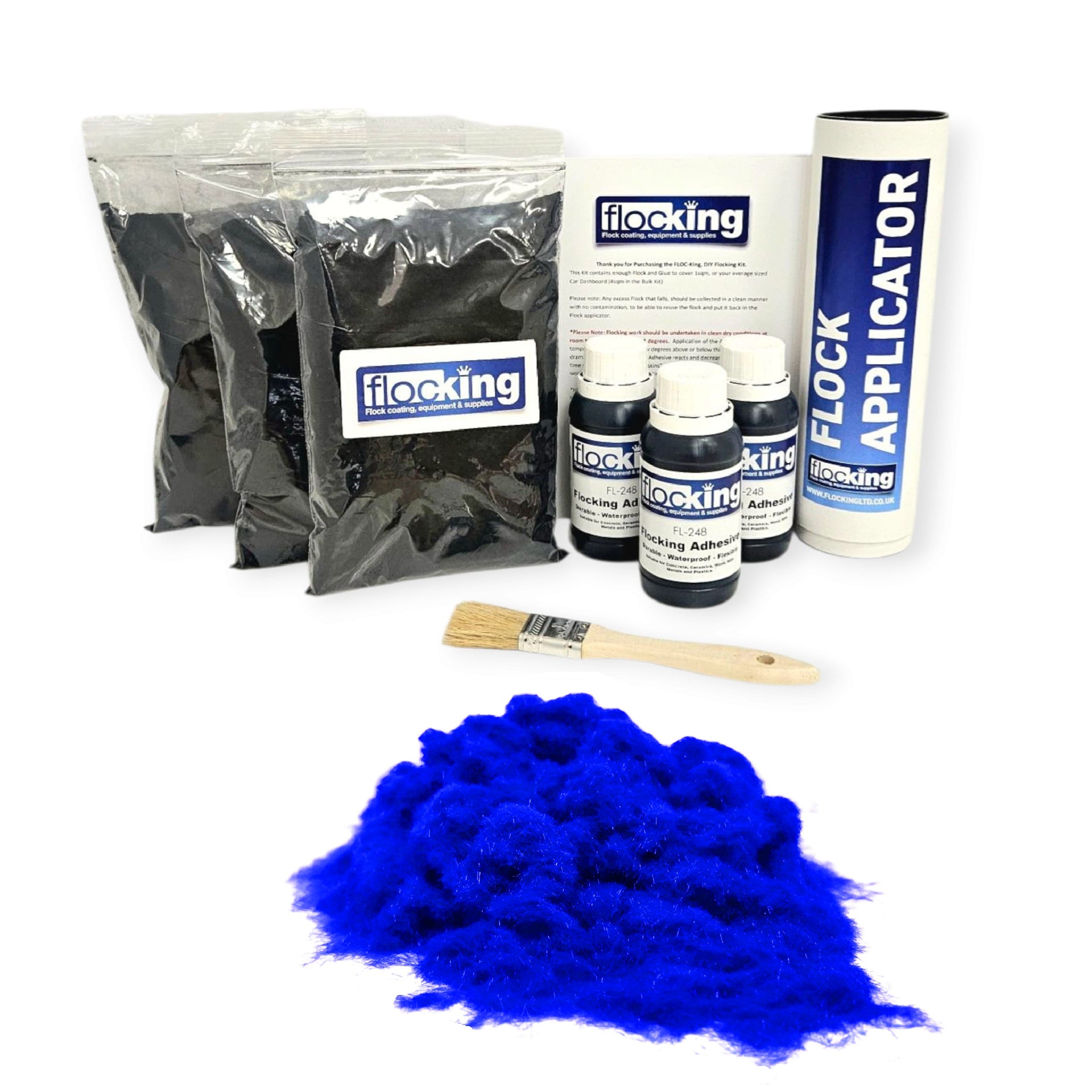 Triple Flocking kit with bags of Electric blue Nylon flocking fibres, applicator, adhesive, brush, and full instructions.