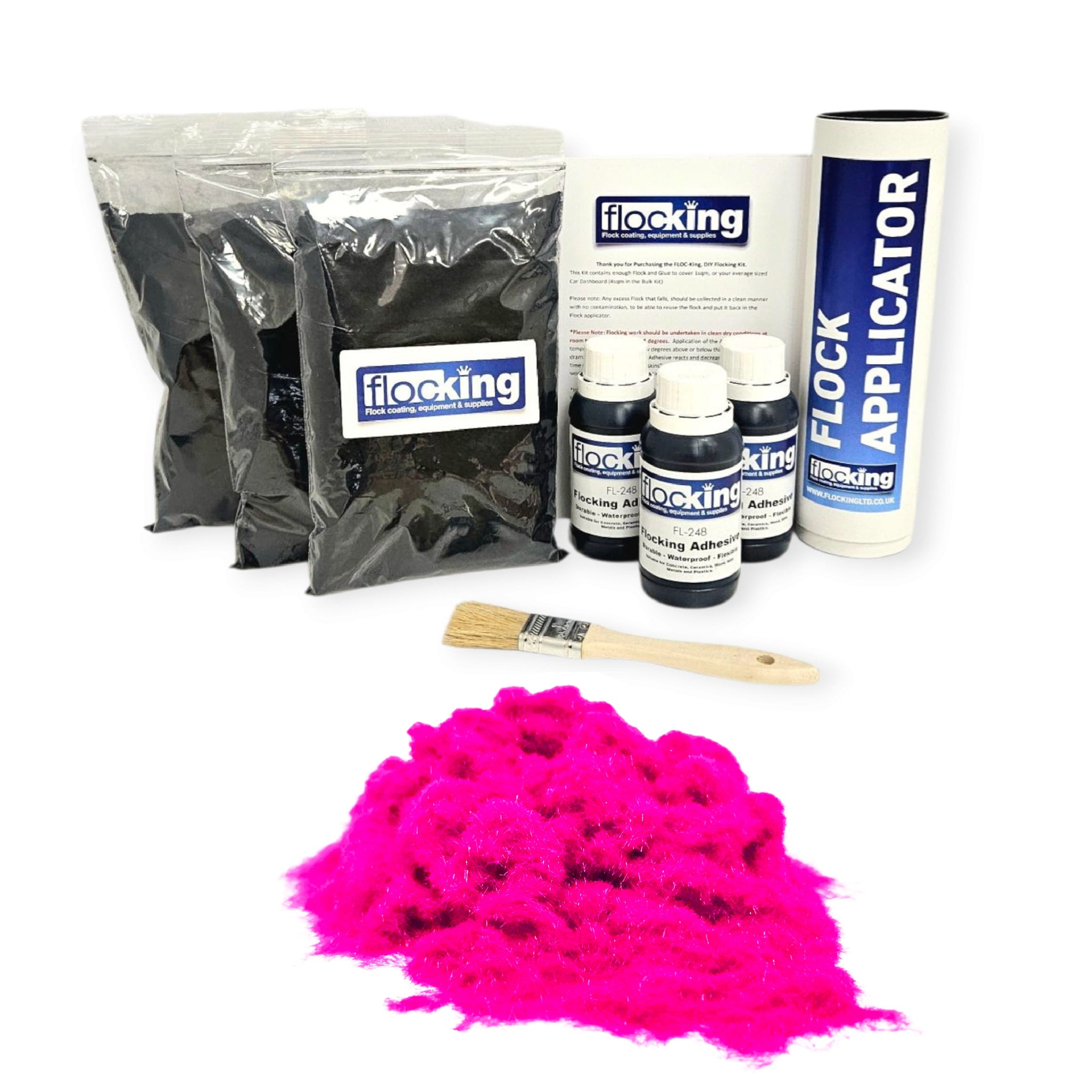 Triple Flocking kit with bags of Fluorescent Pink Nylon flocking fibres, applicator, adhesive, brush, and full instructions.