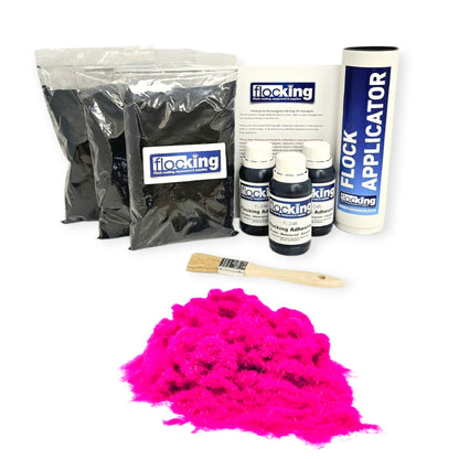 Triple Flocking kit with bags of Fluorescent Pink Nylon flocking fibres, applicator, adhesive, brush, and full instructions.