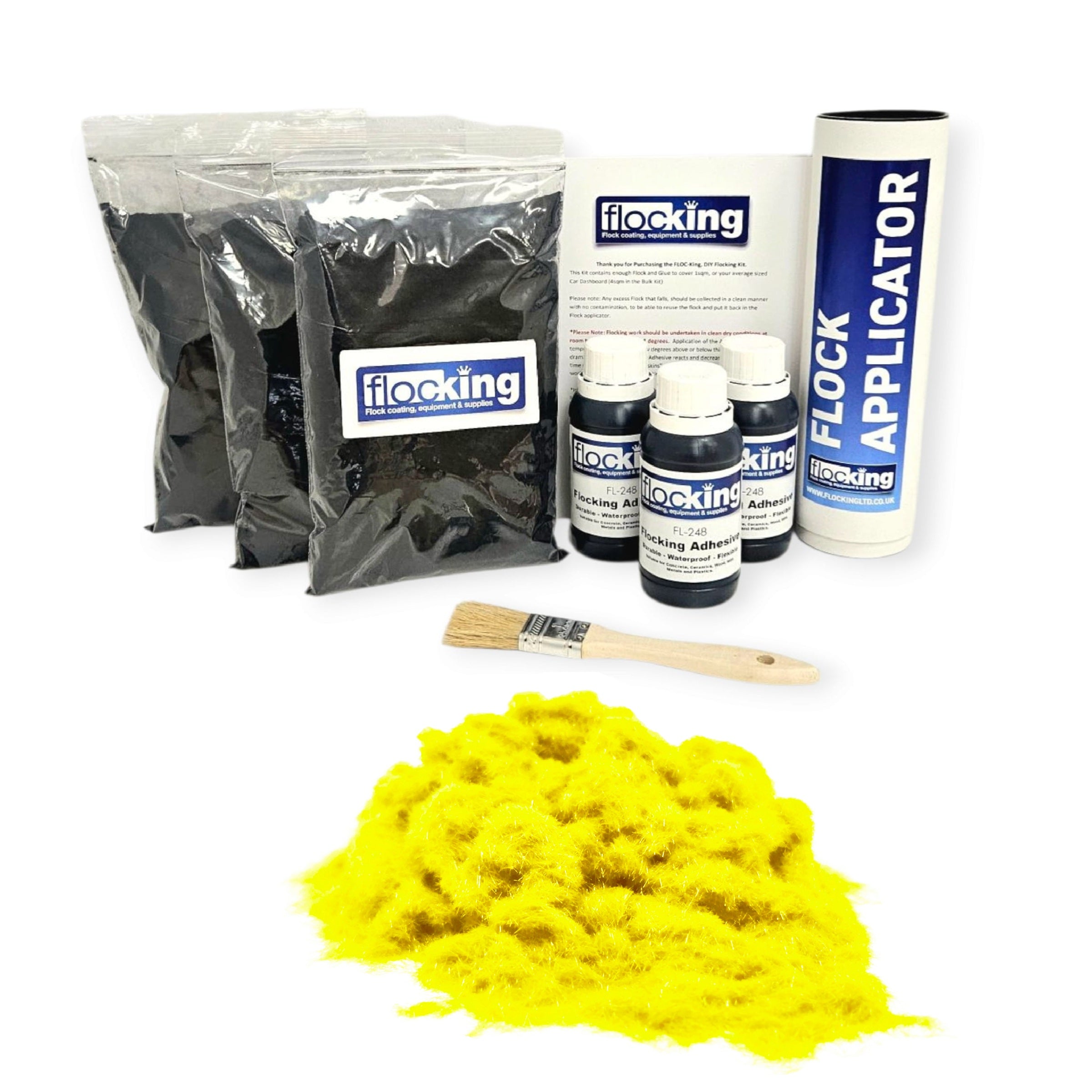 Triple Flocking kit with bags of Fluorescent Yellow Nylon flocking fibres, applicator, adhesive, brush, and full instructions.