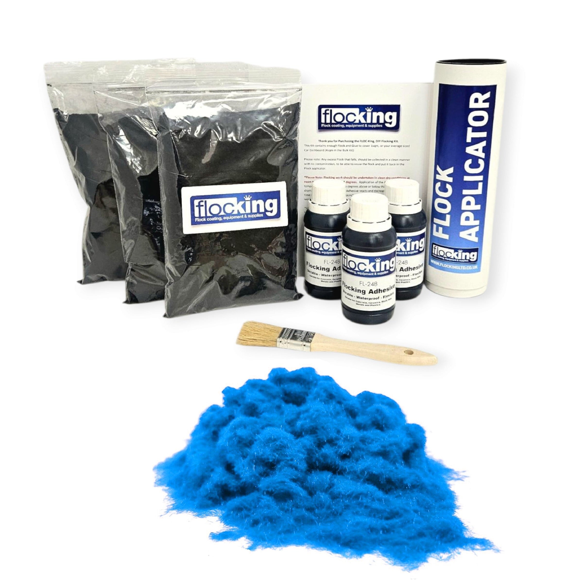 Triple Flocking kit with bags of French blue Nylon flocking fibres, applicator, adhesive, brush, and full instructions.