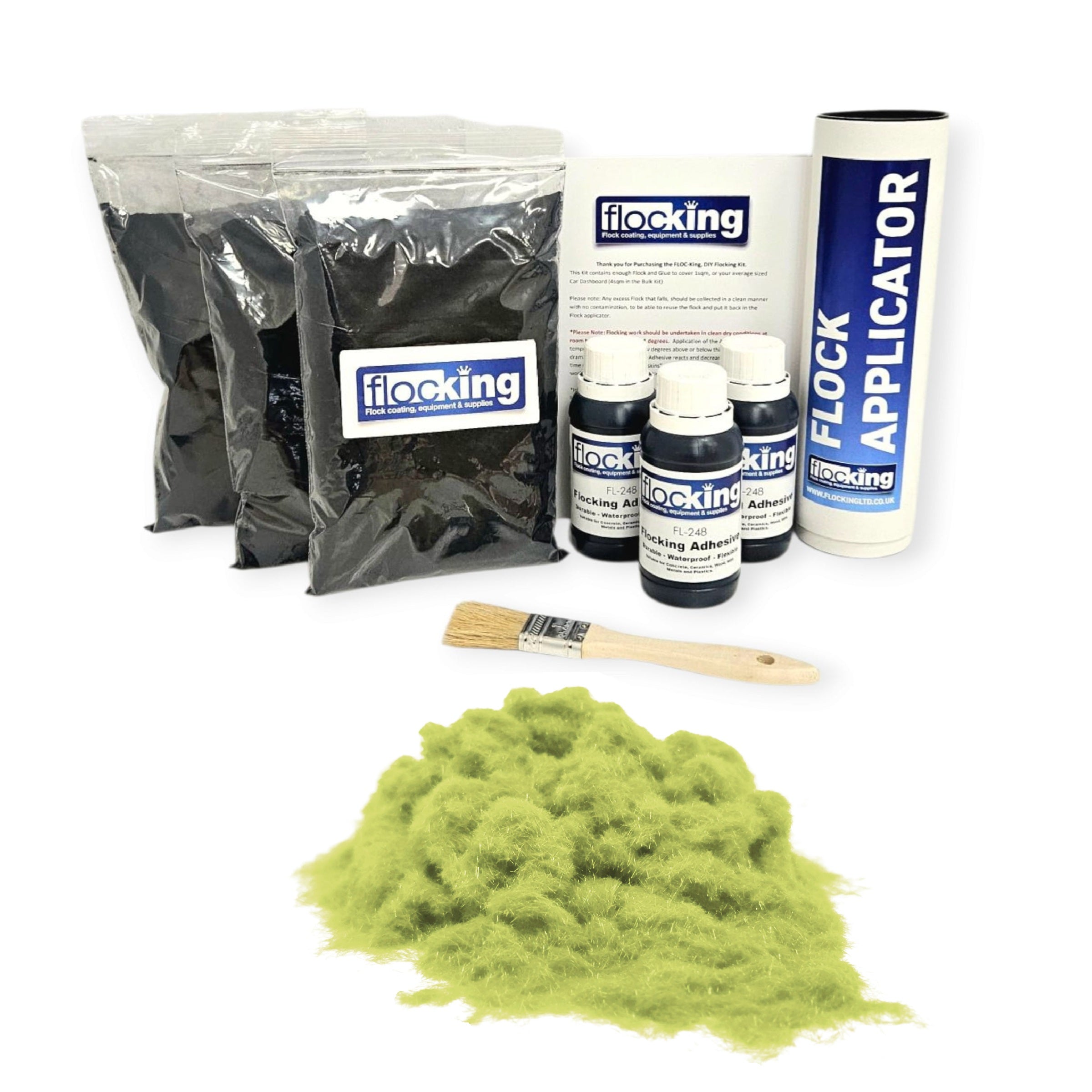 Triple Flocking kit with bags of Gooseberry Green Nylon flocking fibres, applicator, adhesive, brush, and full instructions.