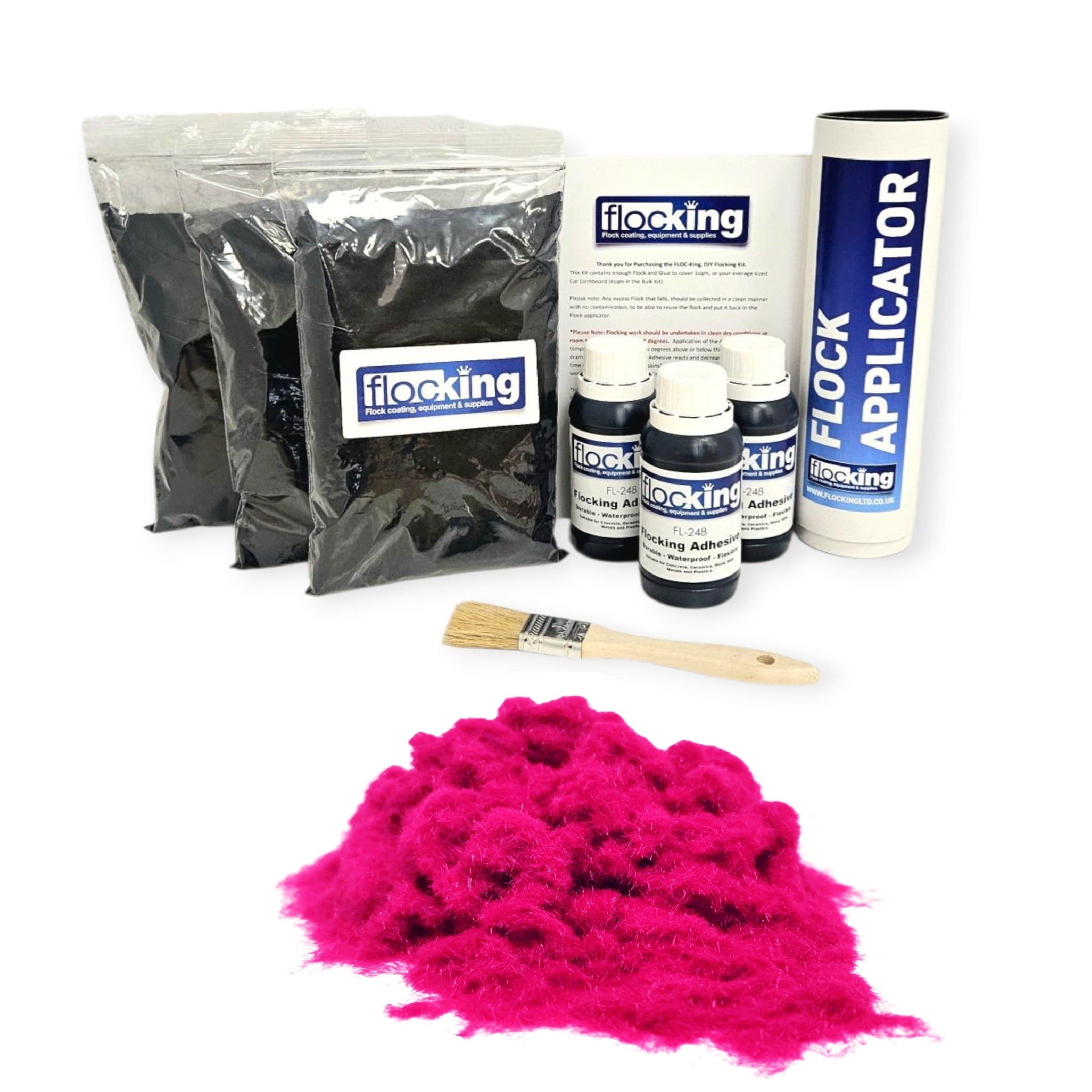 Triple Flocking kit with bags of Hot Pink Nylon flocking fibres, applicator, adhesive, brush, and full instructions.
