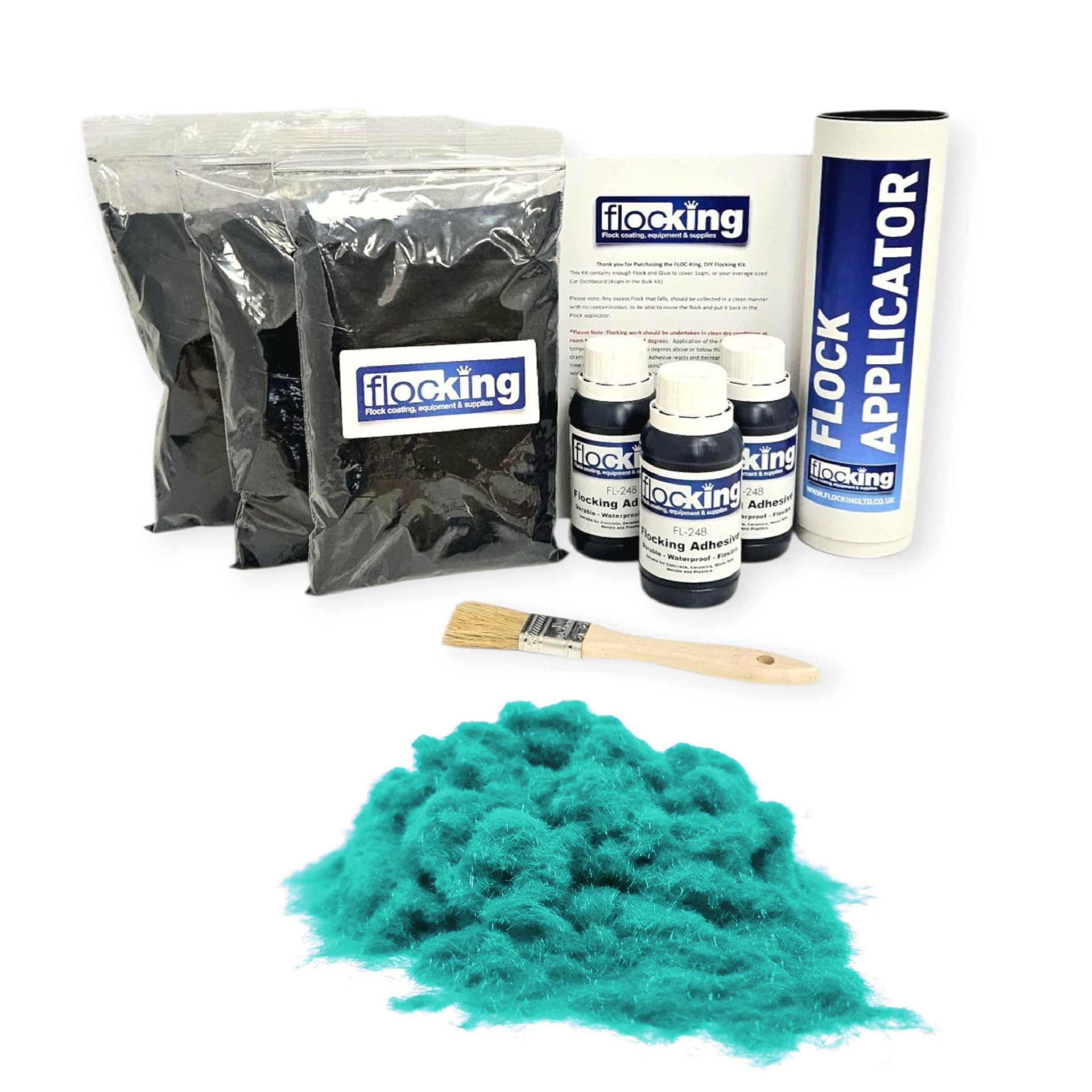 Triple Flocking kit with bags of Light Turquoise Blue Nylon flocking fibres, applicator, adhesive, brush, and full instructions.
