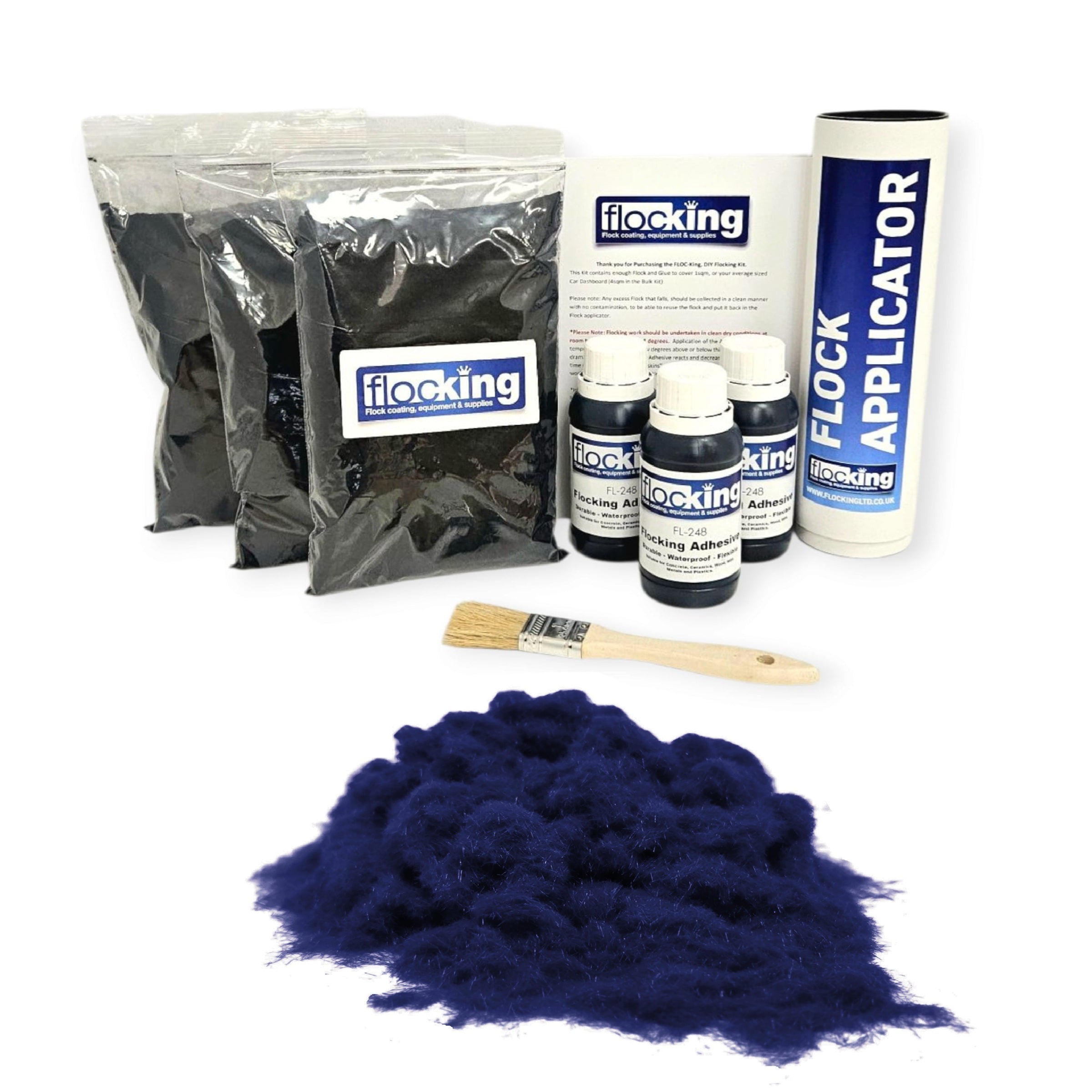 Triple Flocking kit with bags of Navy blue Nylon flocking fibres, applicator, adhesive, brush, and full instructions.