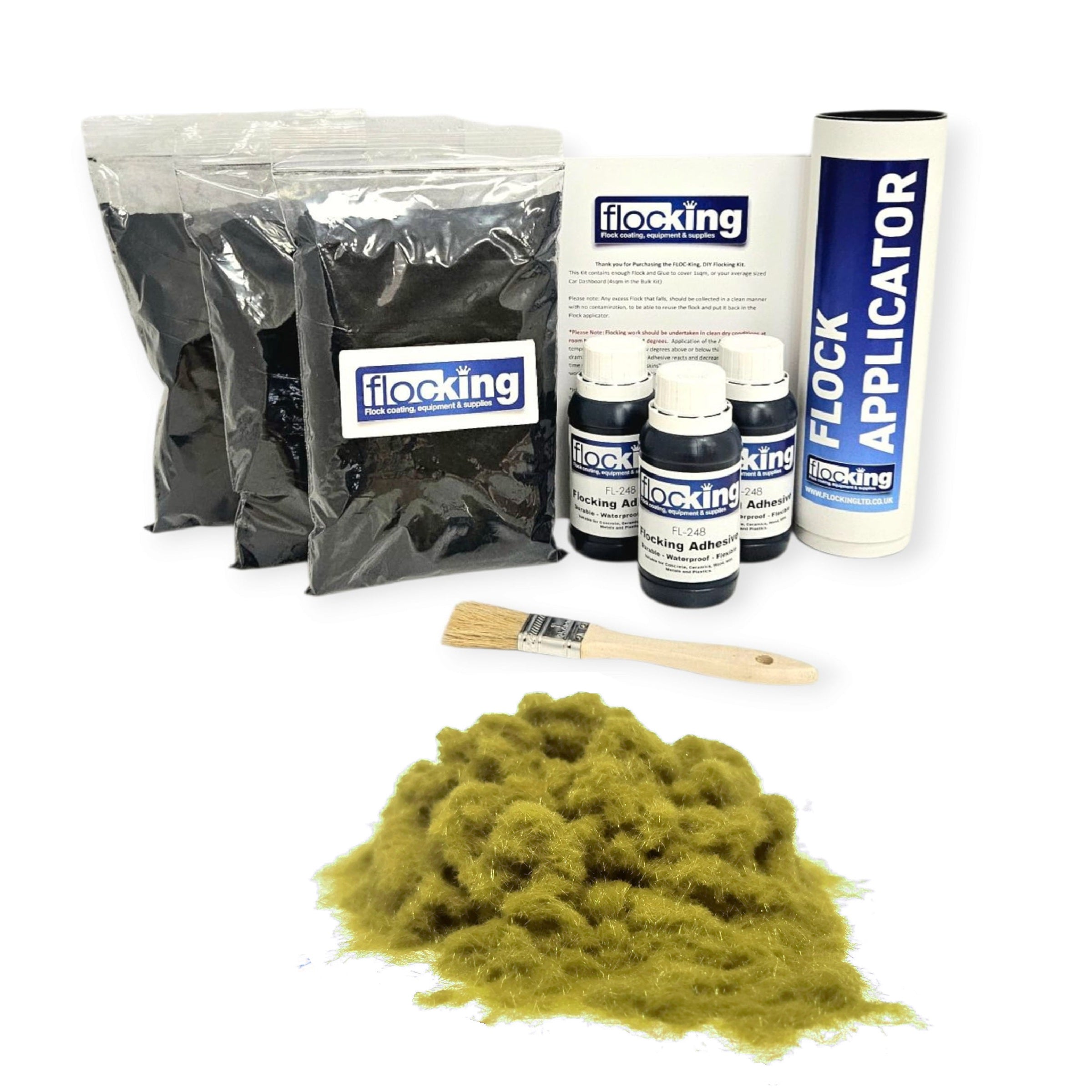 Triple Flocking kit with bags of Olive Green Nylon flocking fibres, applicator, adhesive, brush, and full instructions.