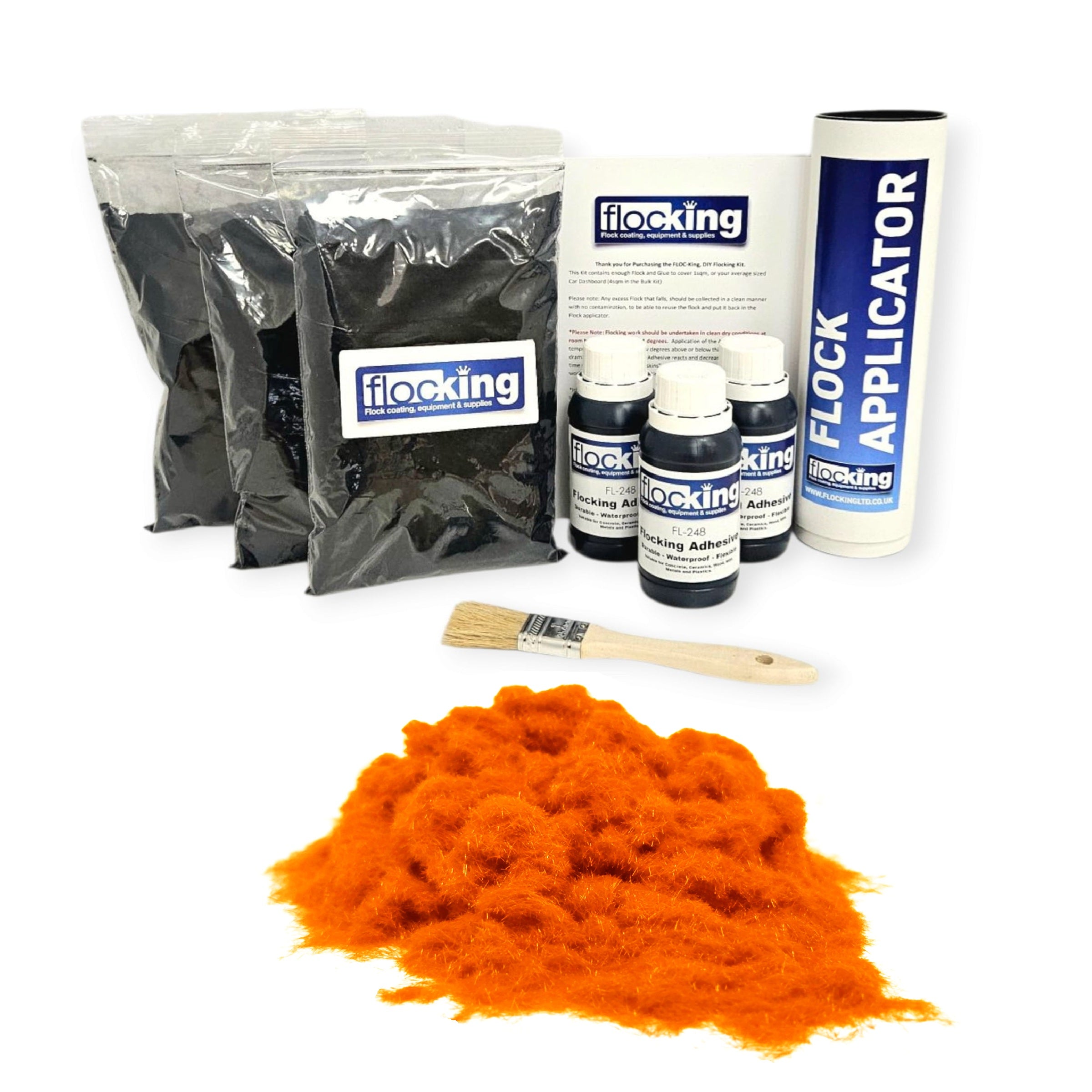 Triple Flocking kit with bags of Orange Nylon flocking fibres, applicator, adhesive, brush, and full instructions.