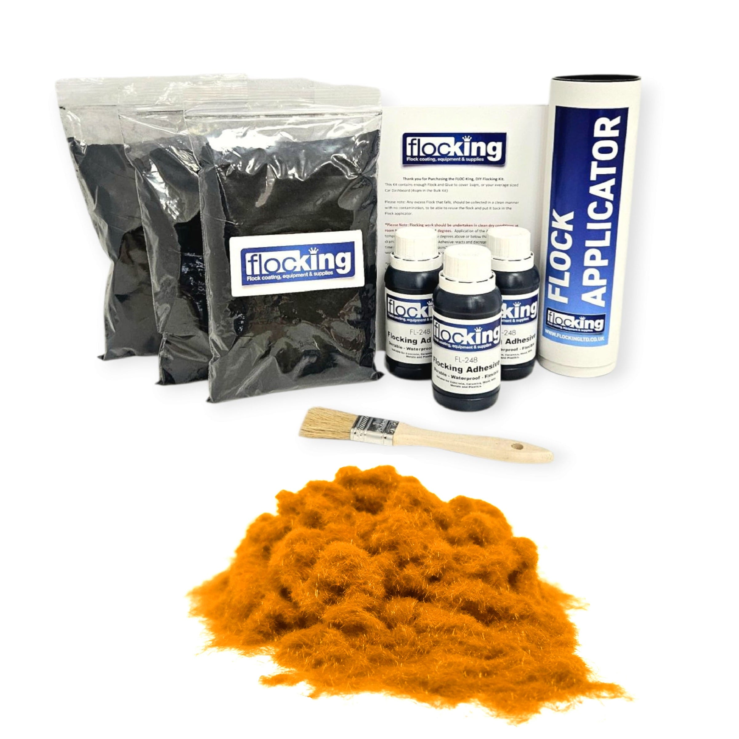 Triple Flocking kit with bags of Oro Gold Nylon flocking fibres, applicator, adhesive, brush, and full instructions.