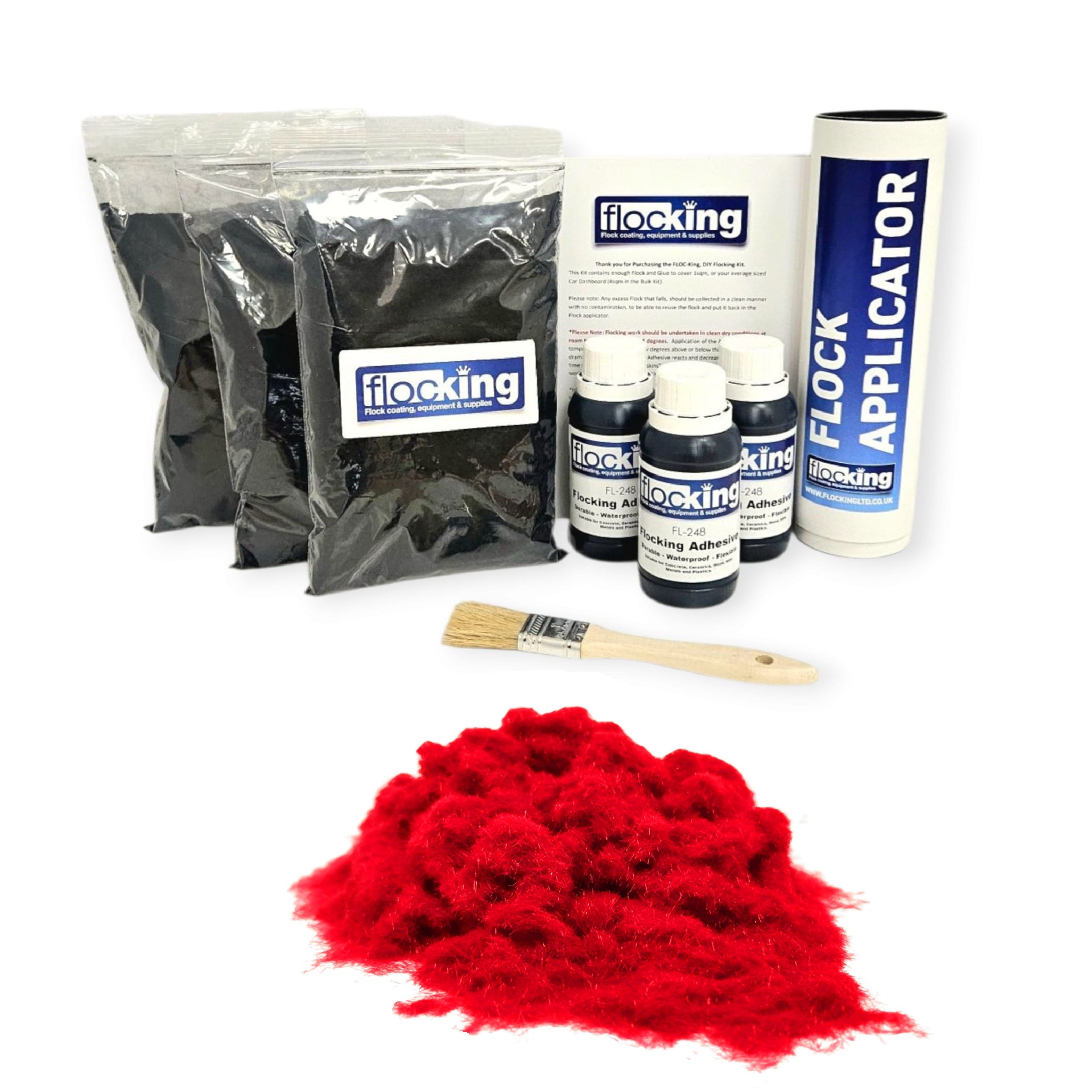 Triple Flocking kit with bags of Pillar Box Red Nylon flocking fibres, applicator, adhesive, brush, and full instructions.
