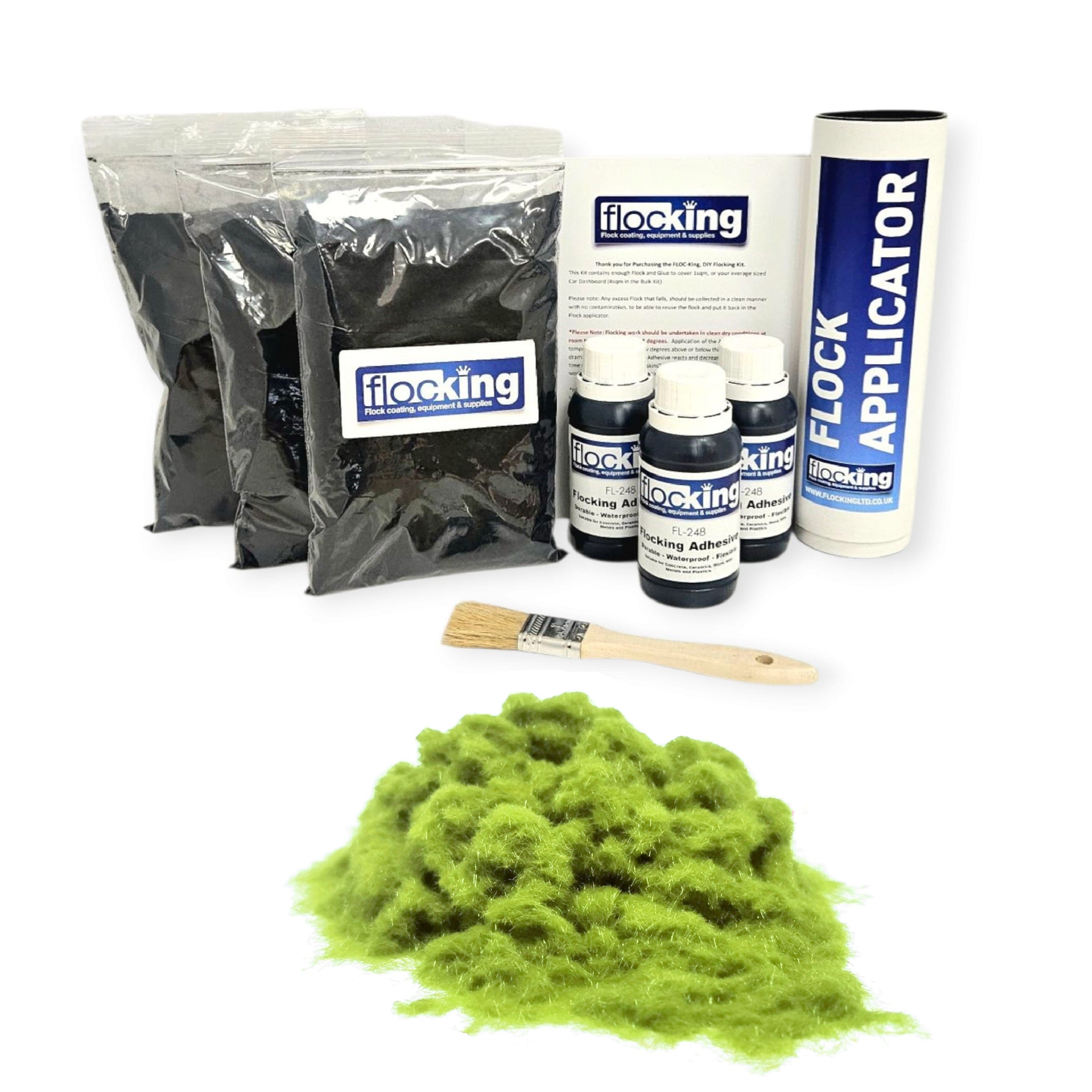 Triple Flocking kit with bags of Pistachio Green Nylon flocking fibres, applicator, adhesive, brush, and full instructions.