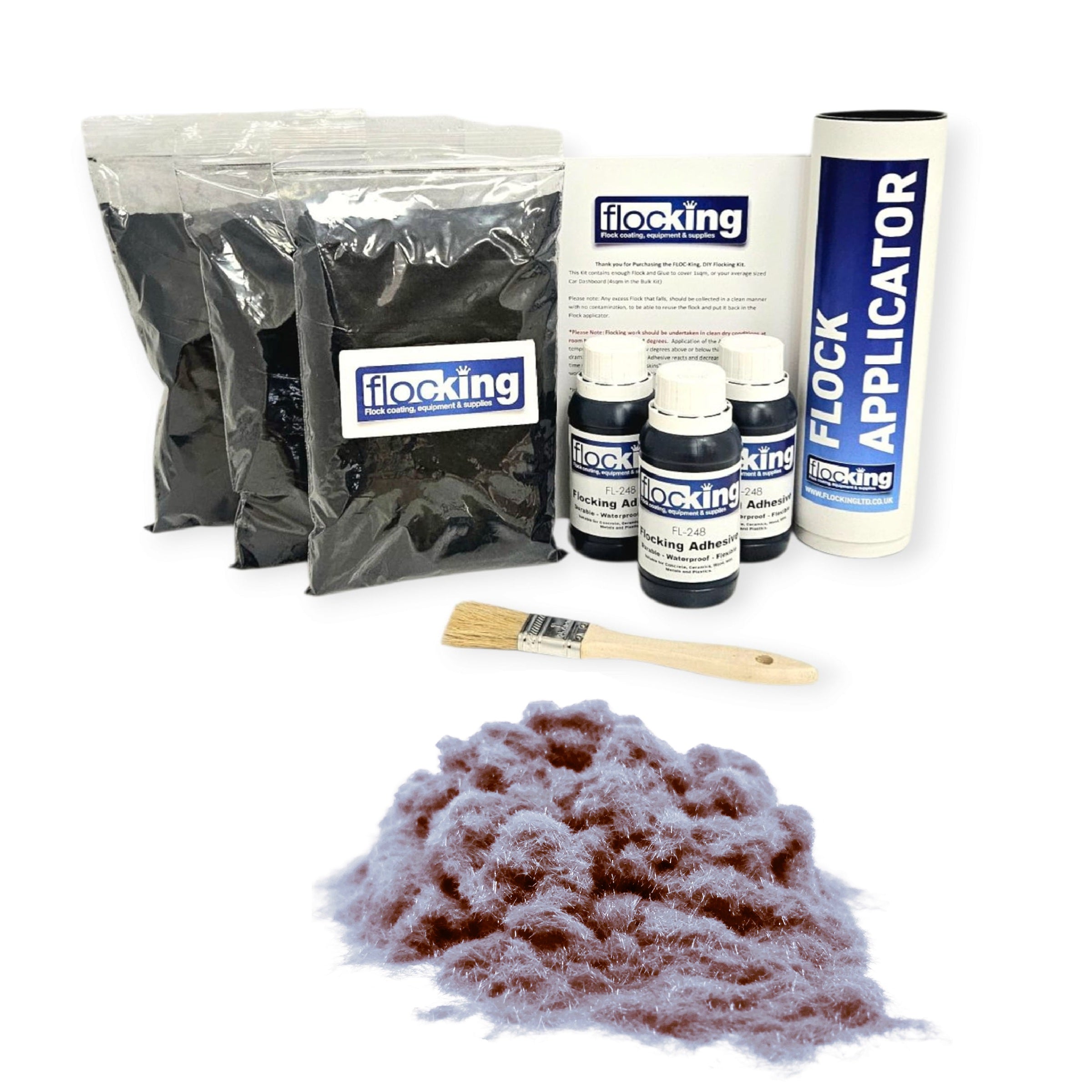 Triple Flocking kit with bags of Platinum Medium Grey Nylon flocking fibres, applicator, adhesive, brush, and full instructions.