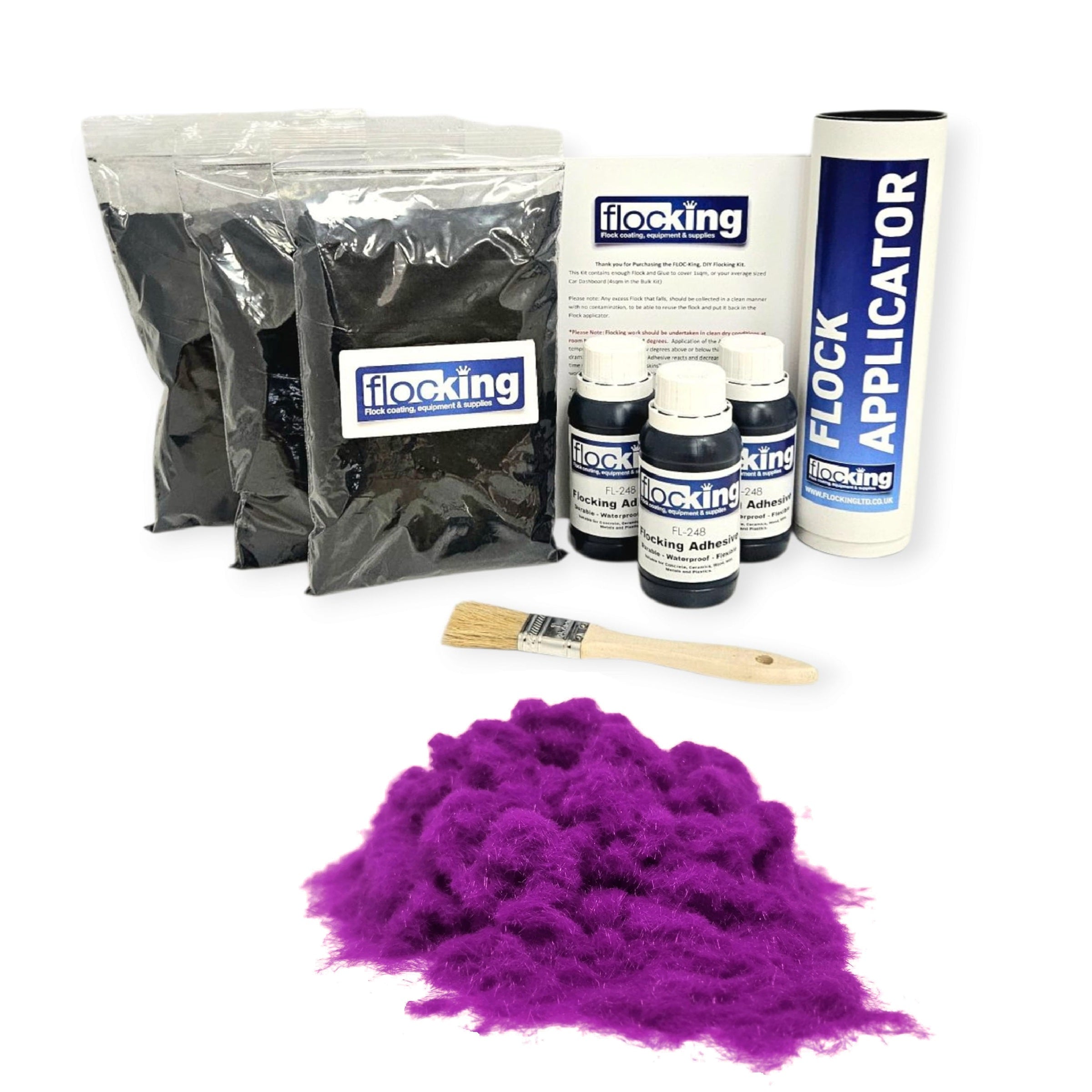 Triple Flocking kit with bags of Purple Nylon flocking fibres, applicator, adhesive, brush, and full instructions.