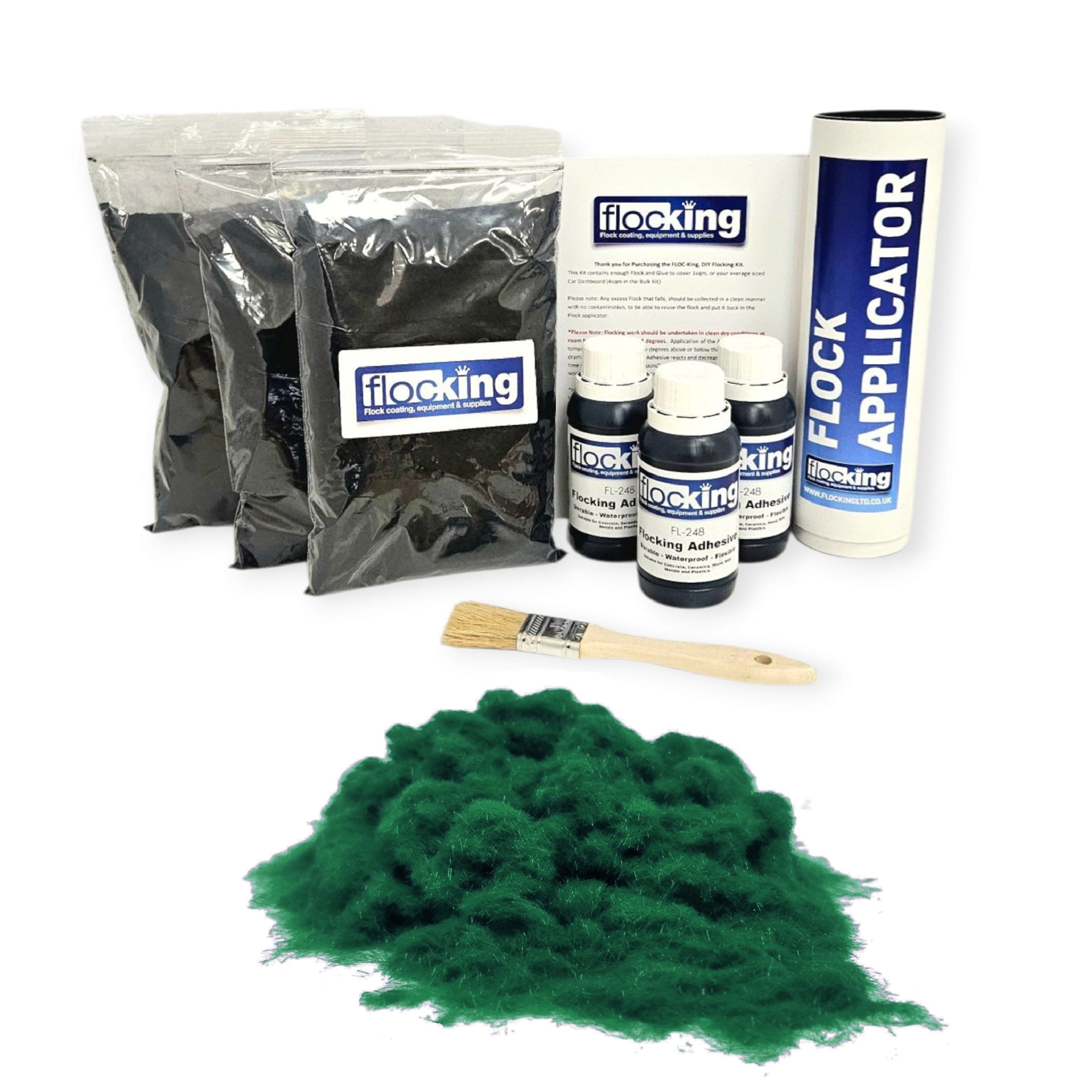 Triple Flocking kit with bags of Racing green Nylon flocking fibres, applicator, adhesive, brush, and full instructions.