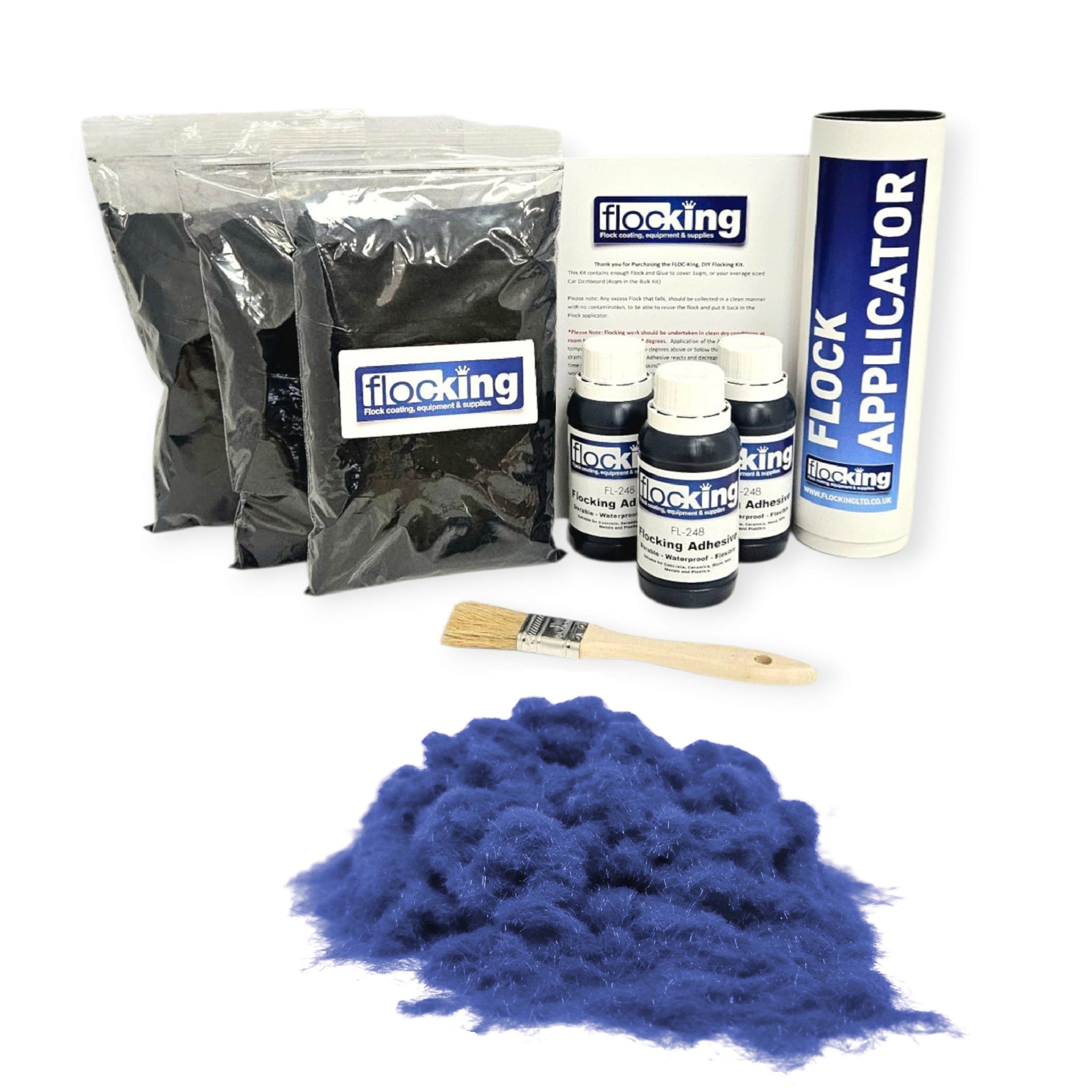 Triple Flocking kit with bags of Royal blue Nylon flocking fibres, applicator, adhesive, brush, and full instructions.